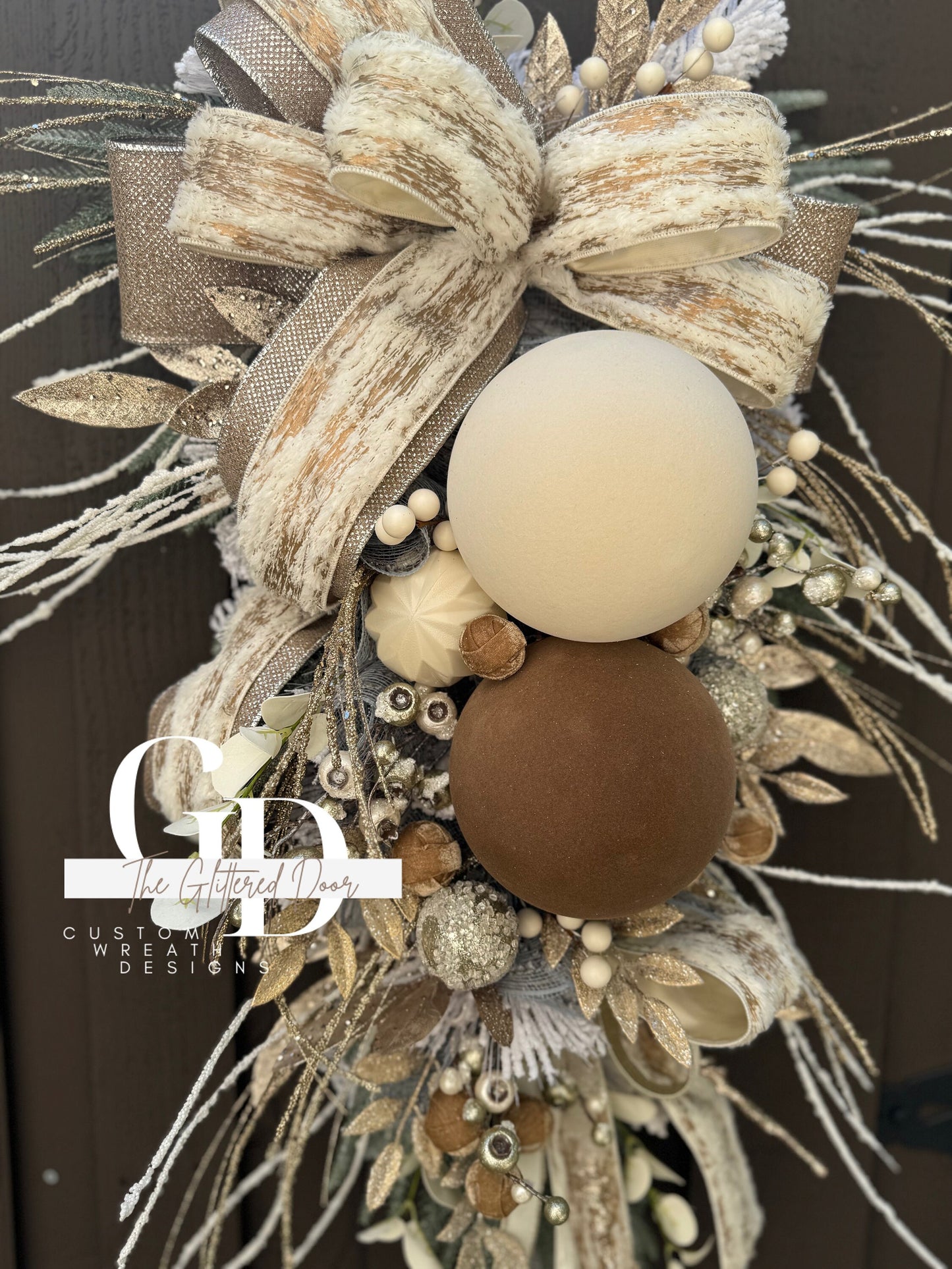Rustic Christmas Decor Champagne and Taupe glam swag wreath Natural Christmas wreath Designer Ribbon Holiday decor Christmas decor