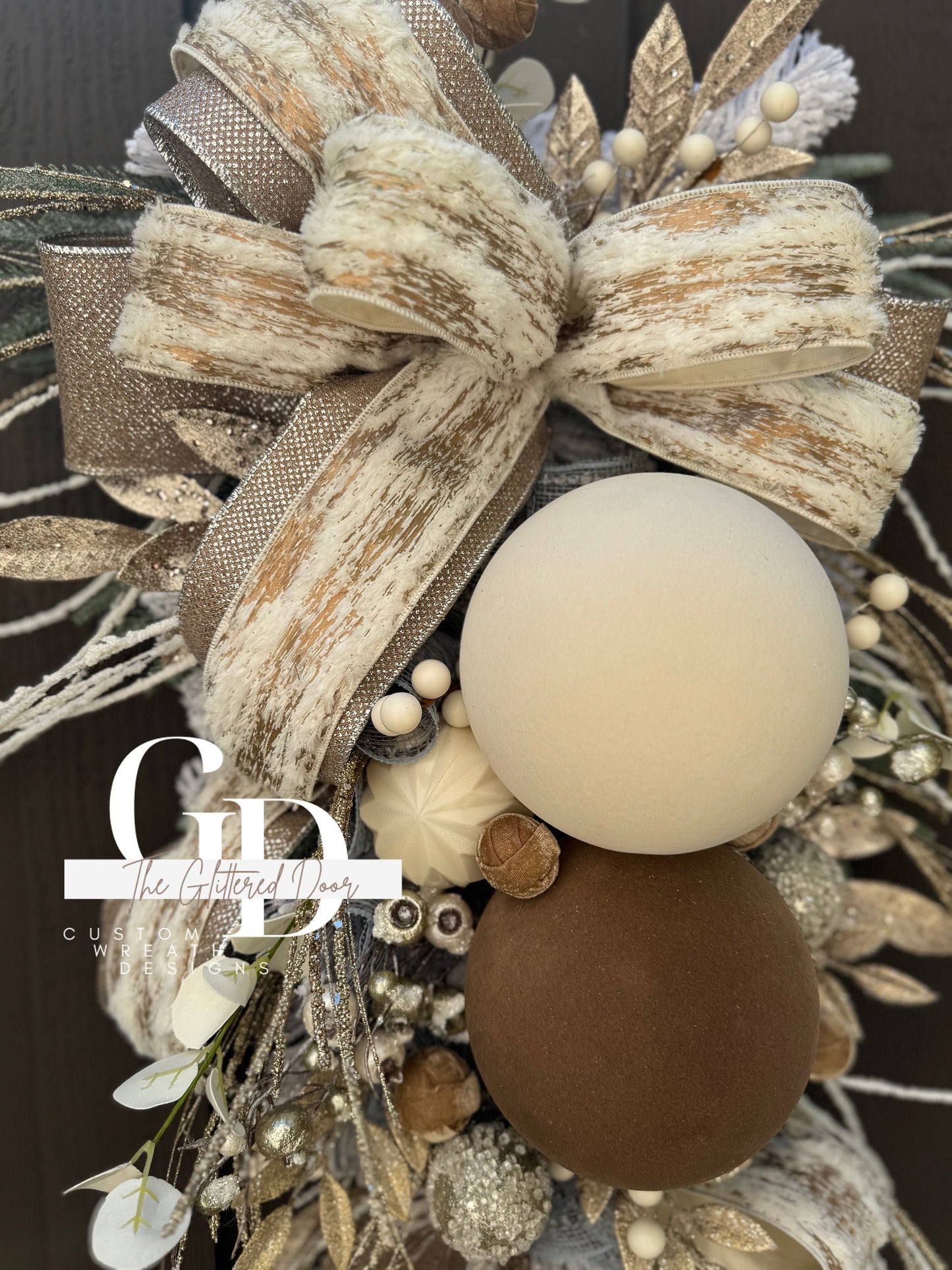 Rustic Christmas Decor Champagne and Taupe glam swag wreath Natural Christmas wreath Designer Ribbon Holiday decor Christmas decor