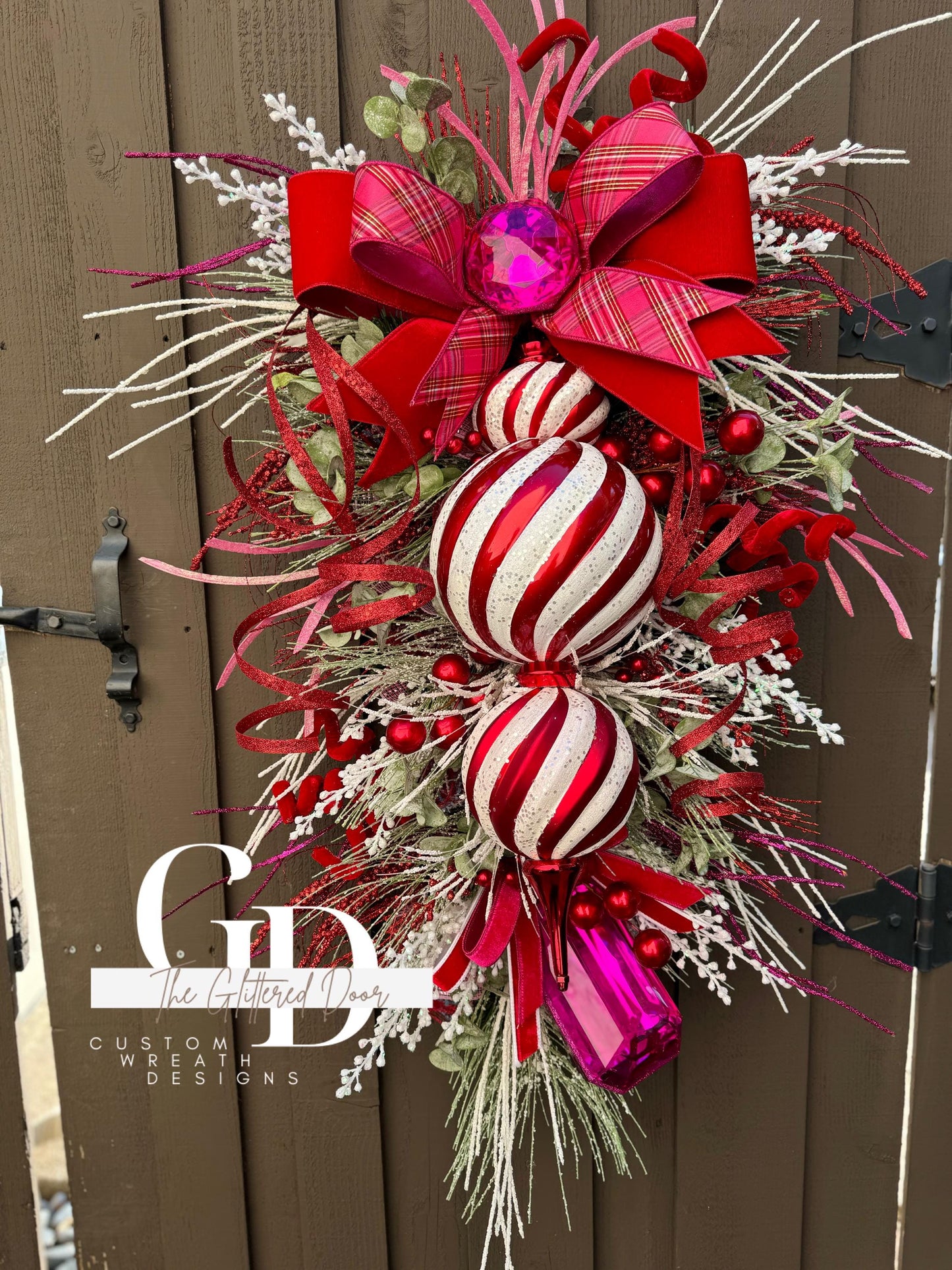 Pink & Red Christmas xl swag wreath Jumbo finial ornament Candy stripe Design Jewel Ornaments wreath Christmas door decor pink gem jewels