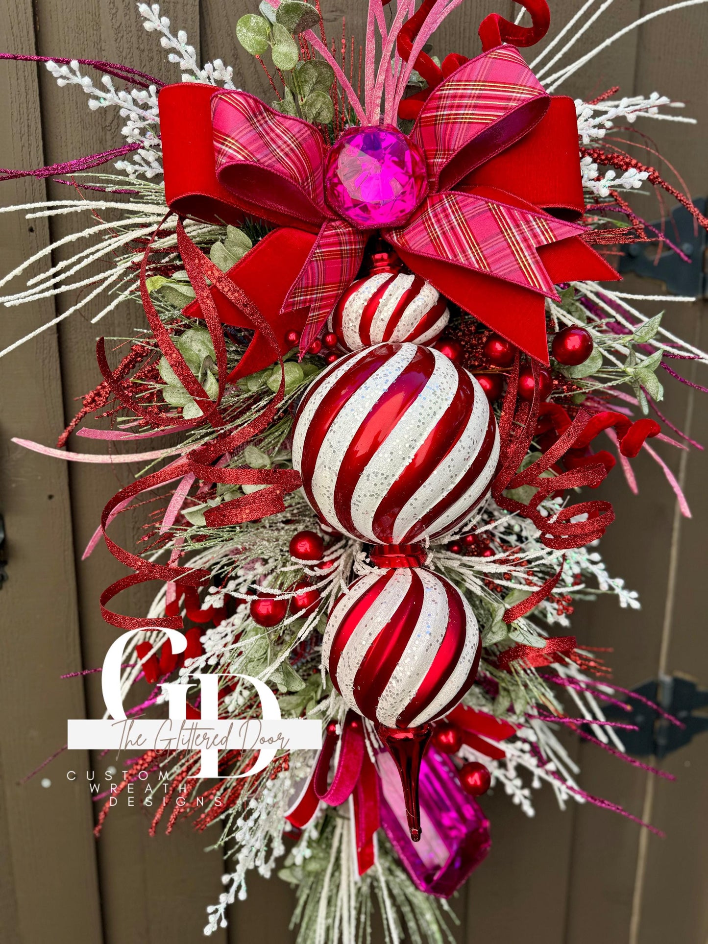 Pink & Red Christmas xl swag wreath Jumbo finial ornament Candy stripe Design Jewel Ornaments wreath Christmas door decor pink gem jewels