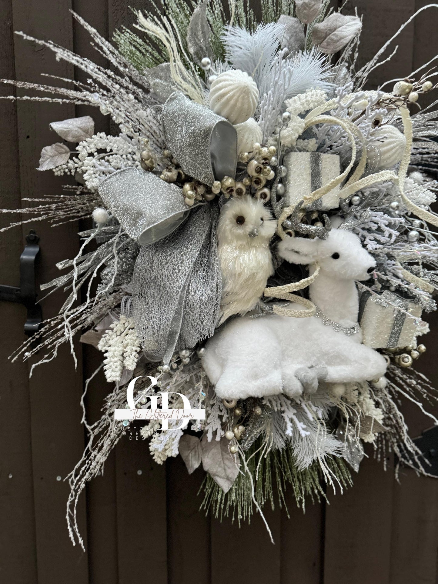 White Winter Christmas Wreath Rustic Natural glam wreath White Reindeer Christmas wreath Flocked wreath Owl White Christmas Decor
