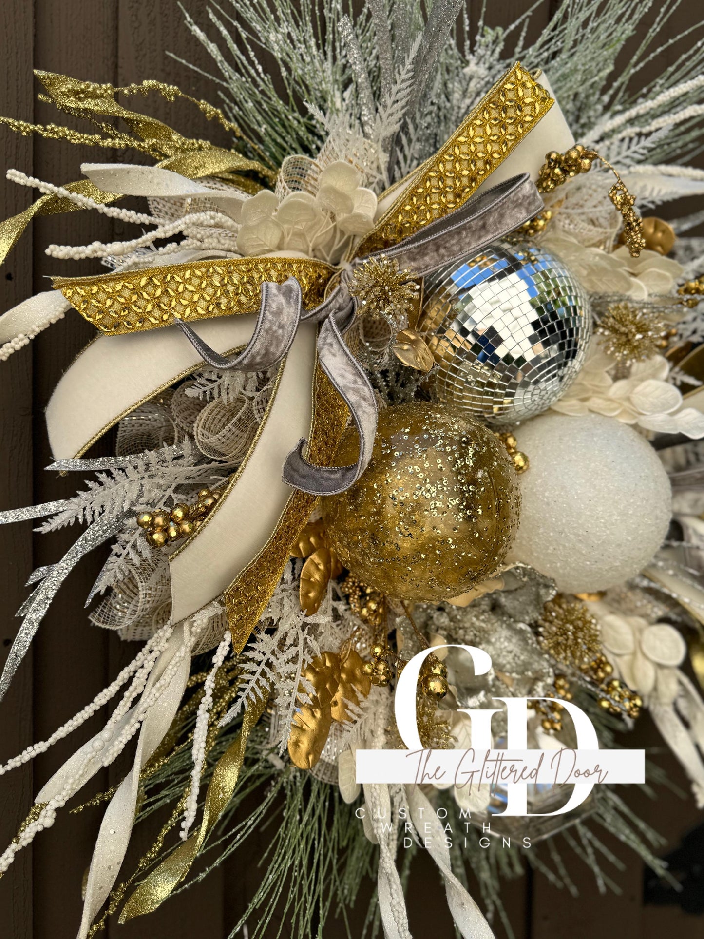 White Silver and Gold Disco Ball glam wreath Jewel Ornament wreath Elegant Christmas Wreath Designer Ribbon Holiday decor Christmas decor