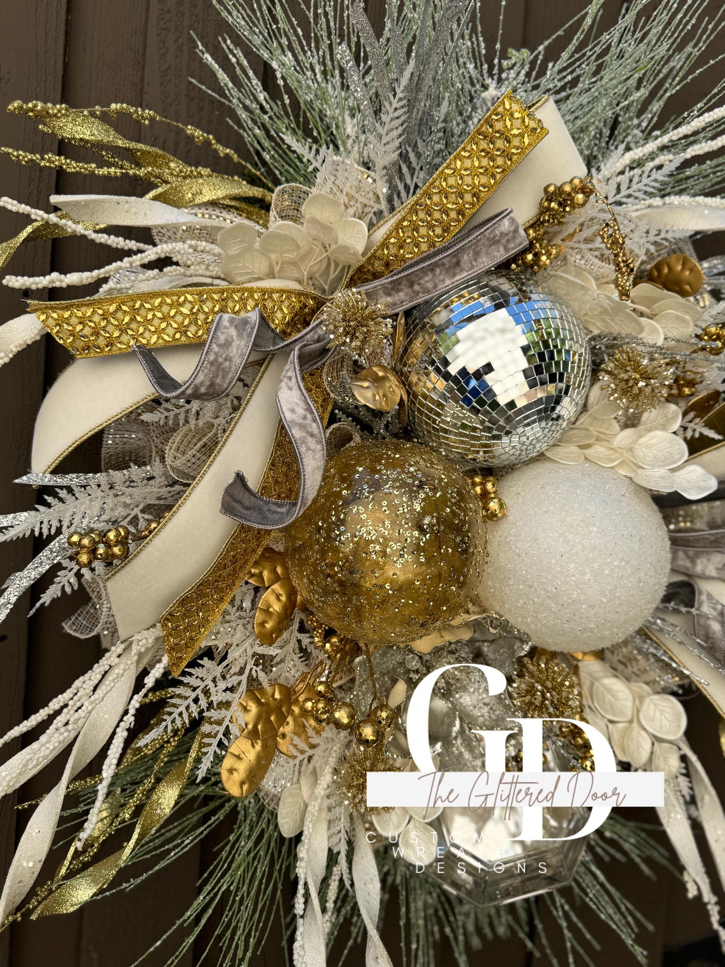 White Silver and Gold Disco Ball glam wreath Jewel Ornament wreath Elegant Christmas Wreath Designer Ribbon Holiday decor Christmas decor