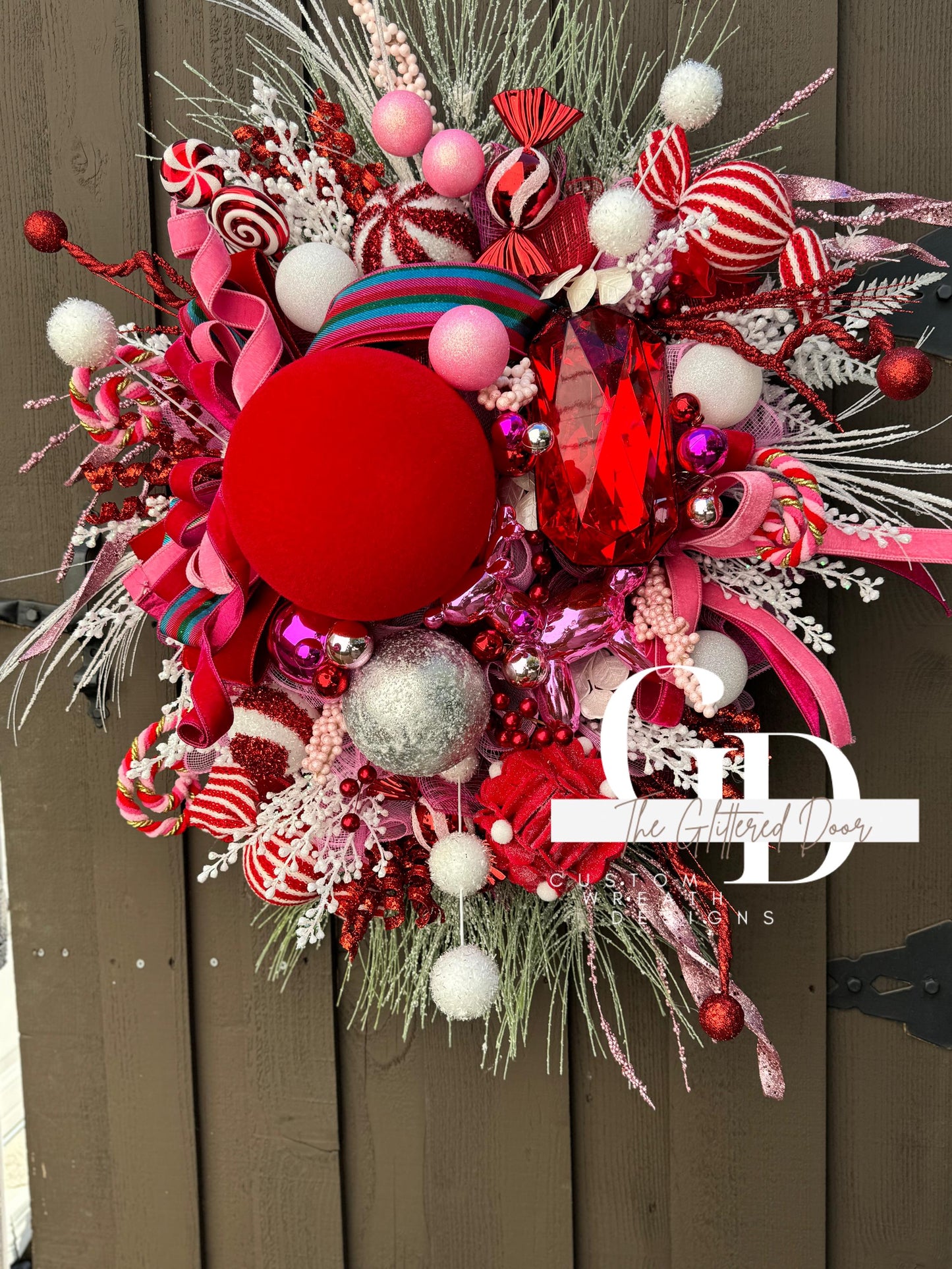 Pink & Red Christmas xl wreath Whimsical Christmas wreath Candy stripe Design Jewel Ornaments wreath Christmas door decor