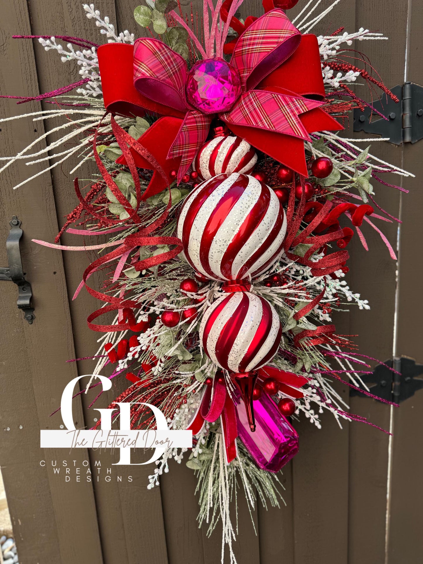 Pink & Red Christmas xl swag wreath Jumbo finial ornament Candy stripe Design Jewel Ornaments wreath Christmas door decor pink gem jewels