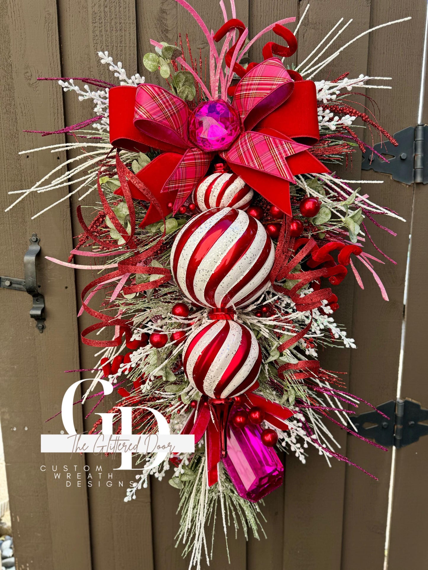 Pink & Red Christmas xl swag wreath Jumbo finial ornament Candy stripe Design Jewel Ornaments wreath Christmas door decor pink gem jewels