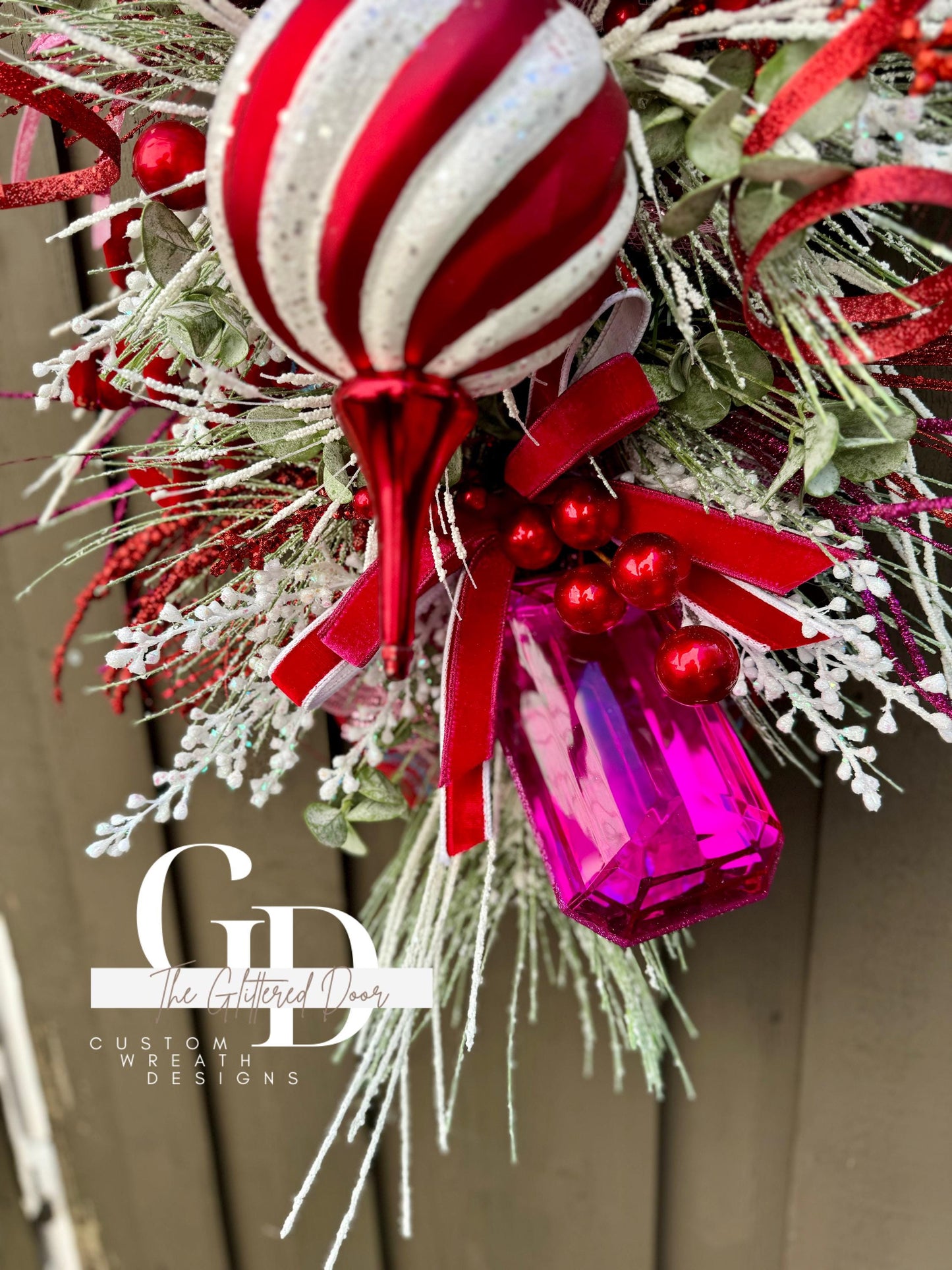Pink & Red Christmas xl swag wreath Jumbo finial ornament Candy stripe Design Jewel Ornaments wreath Christmas door decor pink gem jewels