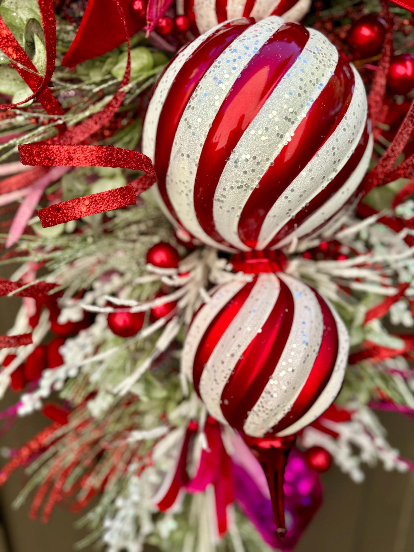 Pink & Red Christmas xl swag wreath Jumbo finial ornament Candy stripe Design Jewel Ornaments wreath Christmas door decor pink gem jewels