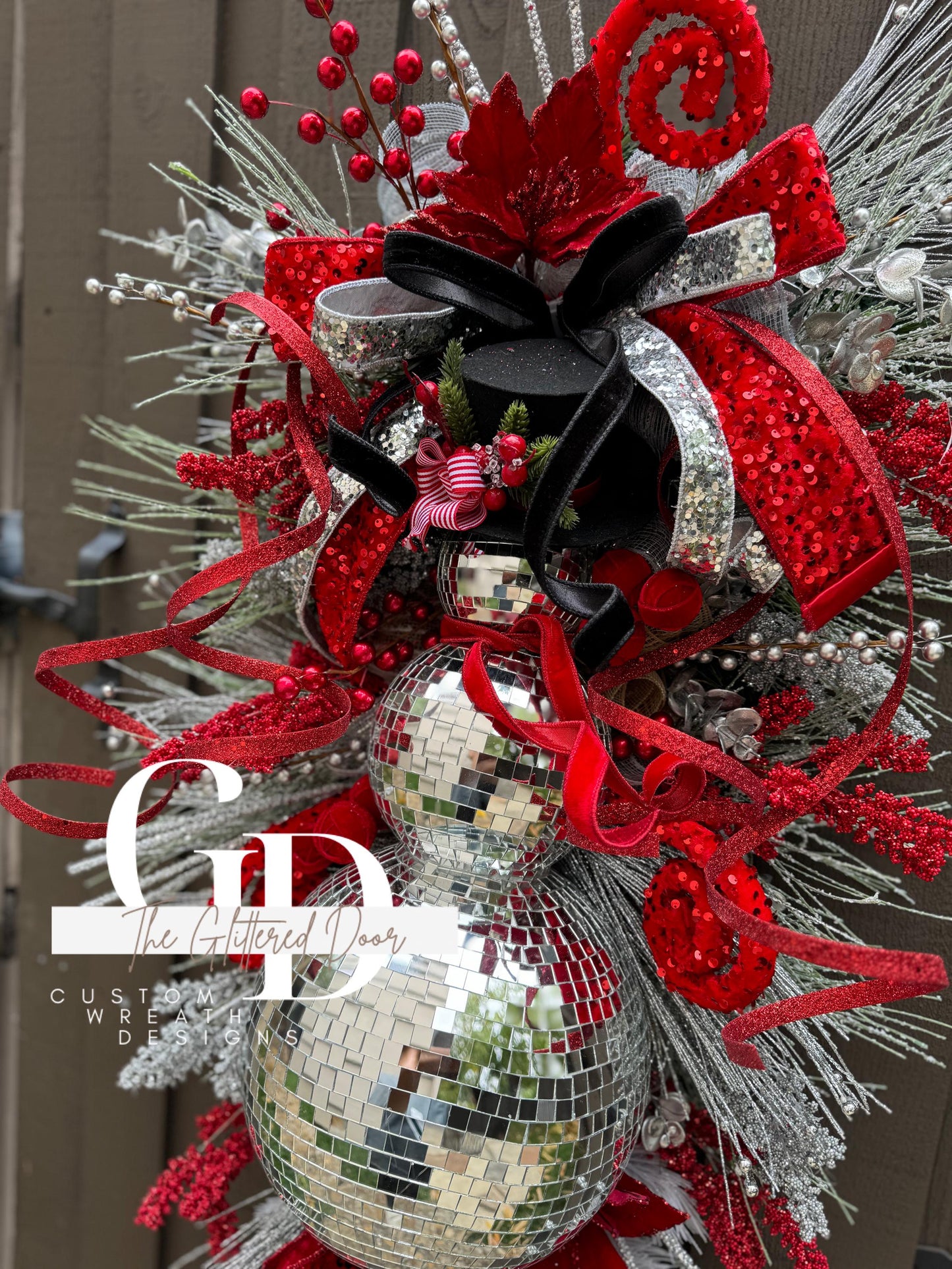 Red Silver Black Disco Ball Snowman swag wreath Christmas door wreath Christmas door decor Classic Holiday wreath Disco ball wreath