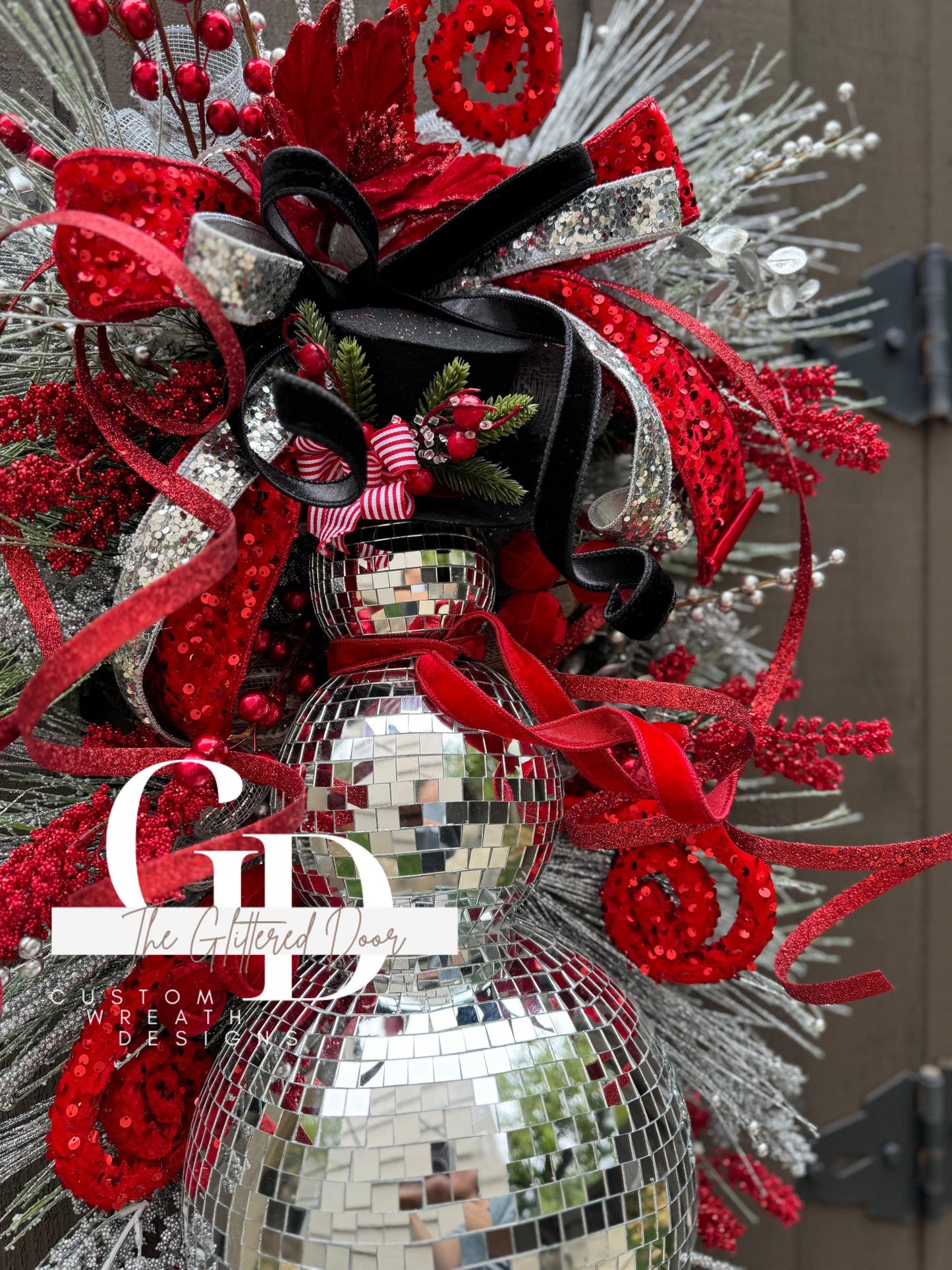 Red Silver Black Disco Ball Snowman swag wreath Christmas door wreath Christmas door decor Classic Holiday wreath Disco ball wreath