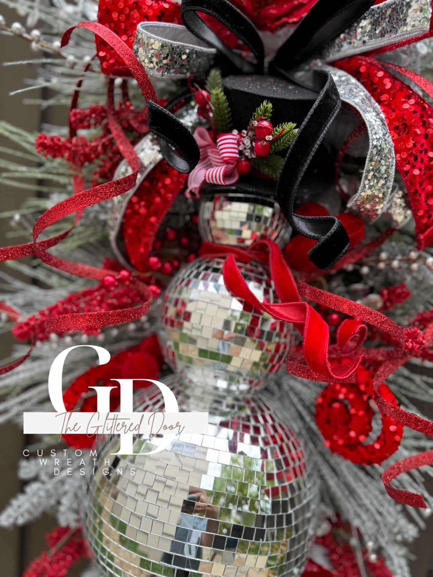 Red Silver Black Disco Ball Snowman swag wreath Christmas door wreath Christmas door decor Classic Holiday wreath Disco ball wreath