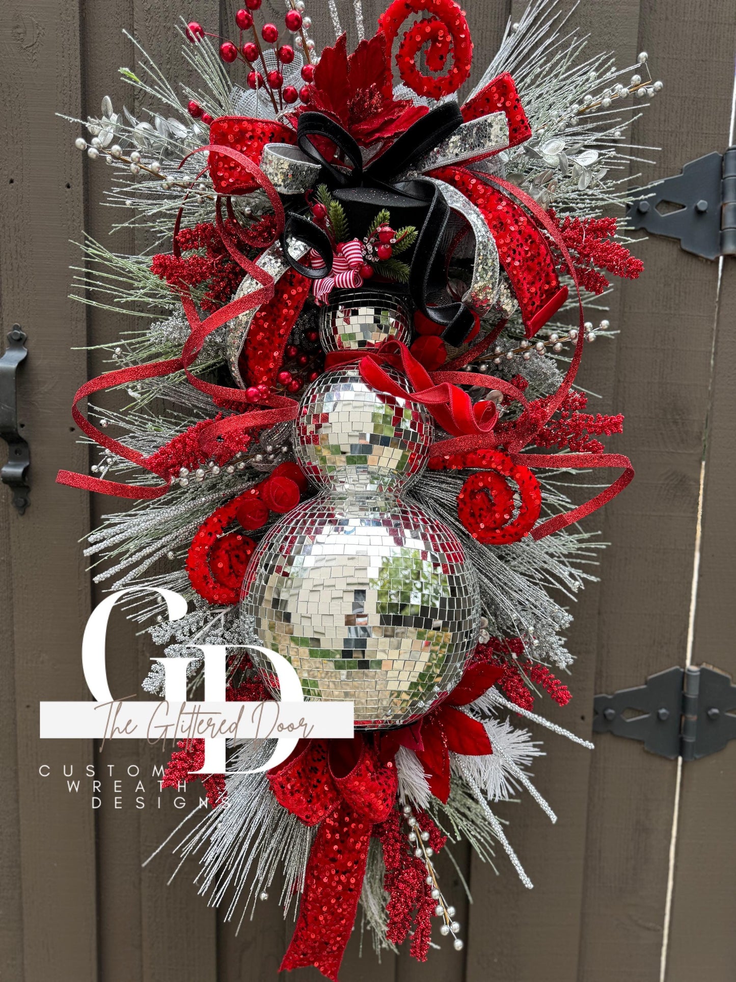 Red Silver Black Disco Ball Snowman swag wreath Christmas door wreath Christmas door decor Classic Holiday wreath Disco ball wreath