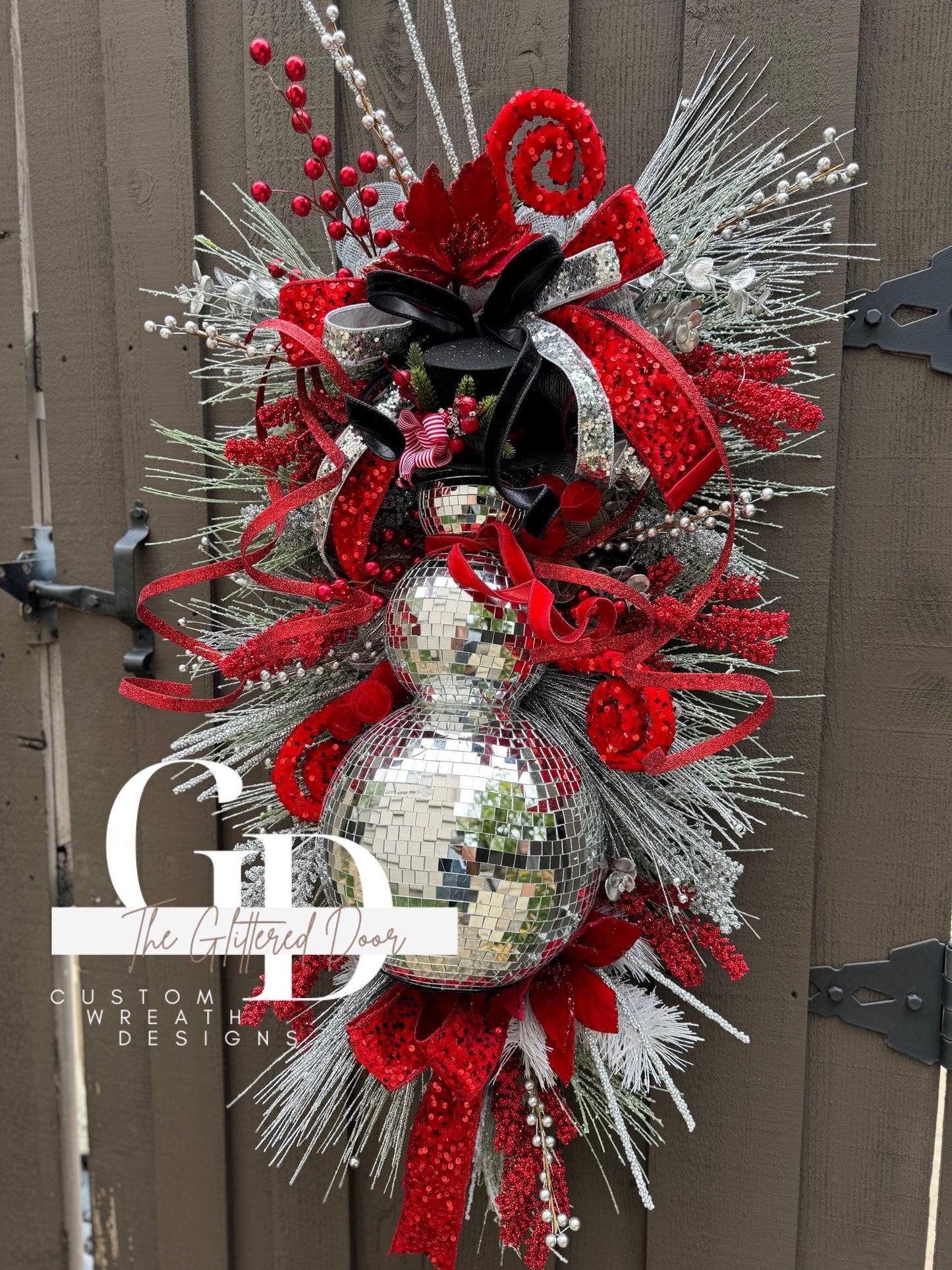 Red Silver Black Disco Ball Snowman swag wreath Christmas door wreath Christmas door decor Classic Holiday wreath Disco ball wreath