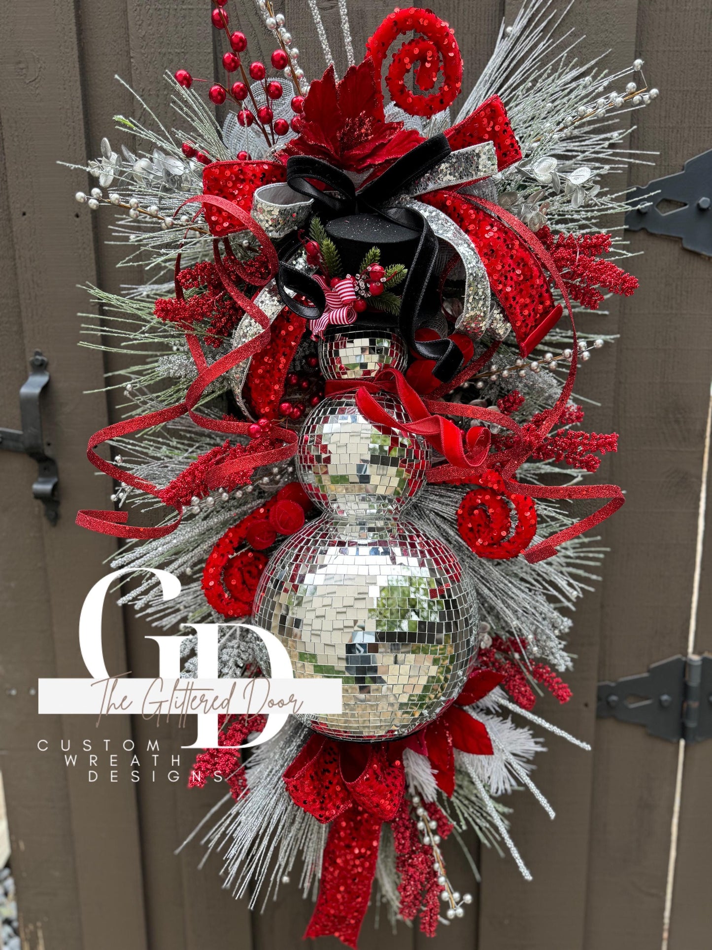 Red Silver Black Disco Ball Snowman swag wreath Christmas door wreath Christmas door decor Classic Holiday wreath Disco ball wreath
