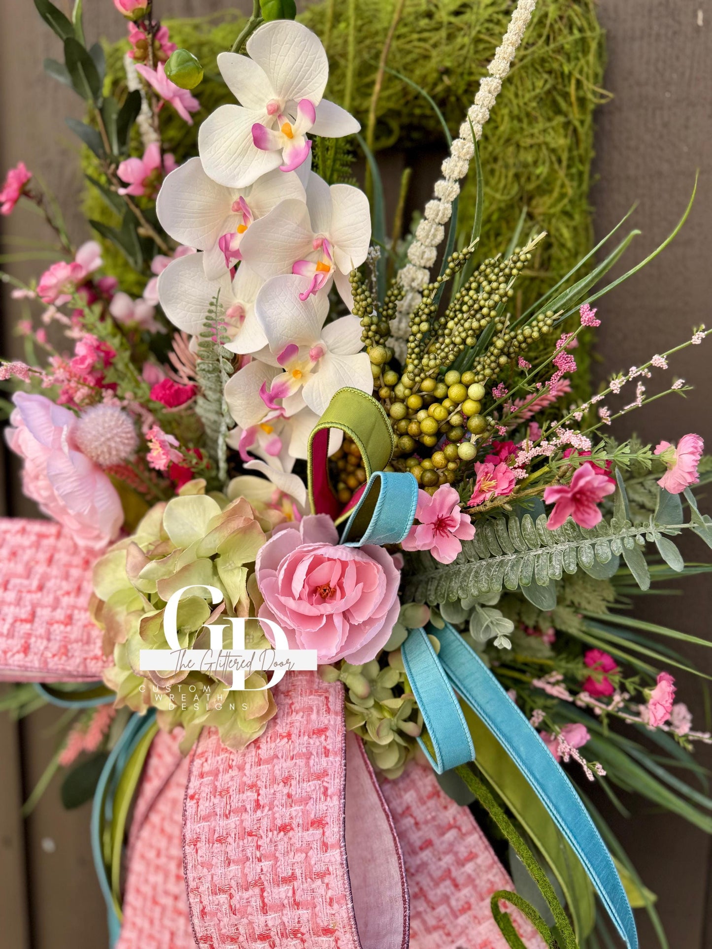 Easter Pink Moss Wreath for Front Door Spring Decor - Elegant Floral Spring Wreath for Easter Glam Decoration