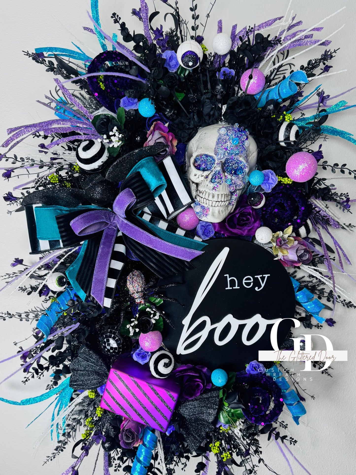 Oversized XL Halloween swag wreath Skeleton wreath Fall Front door Decor Halloween Decor front door wreath for fall Hey boo halloween sign