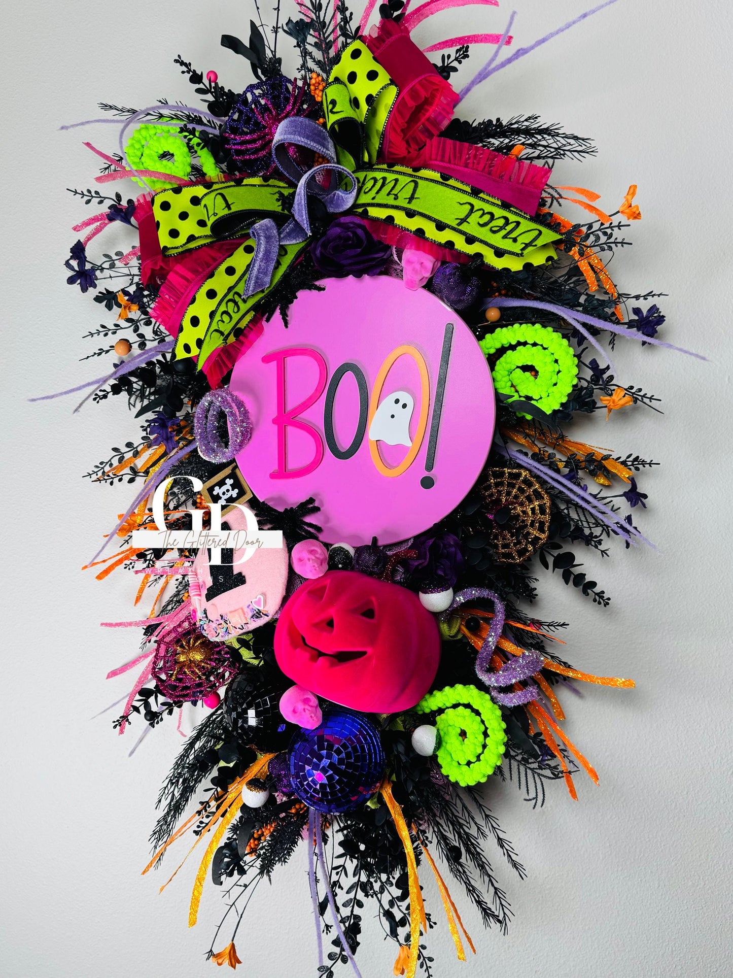 Halloween swag Wreath pink pumpkin wreath Fall Front door Decor Halloween Decor front door wreath for fall Trick or Treat boo sign wreath
