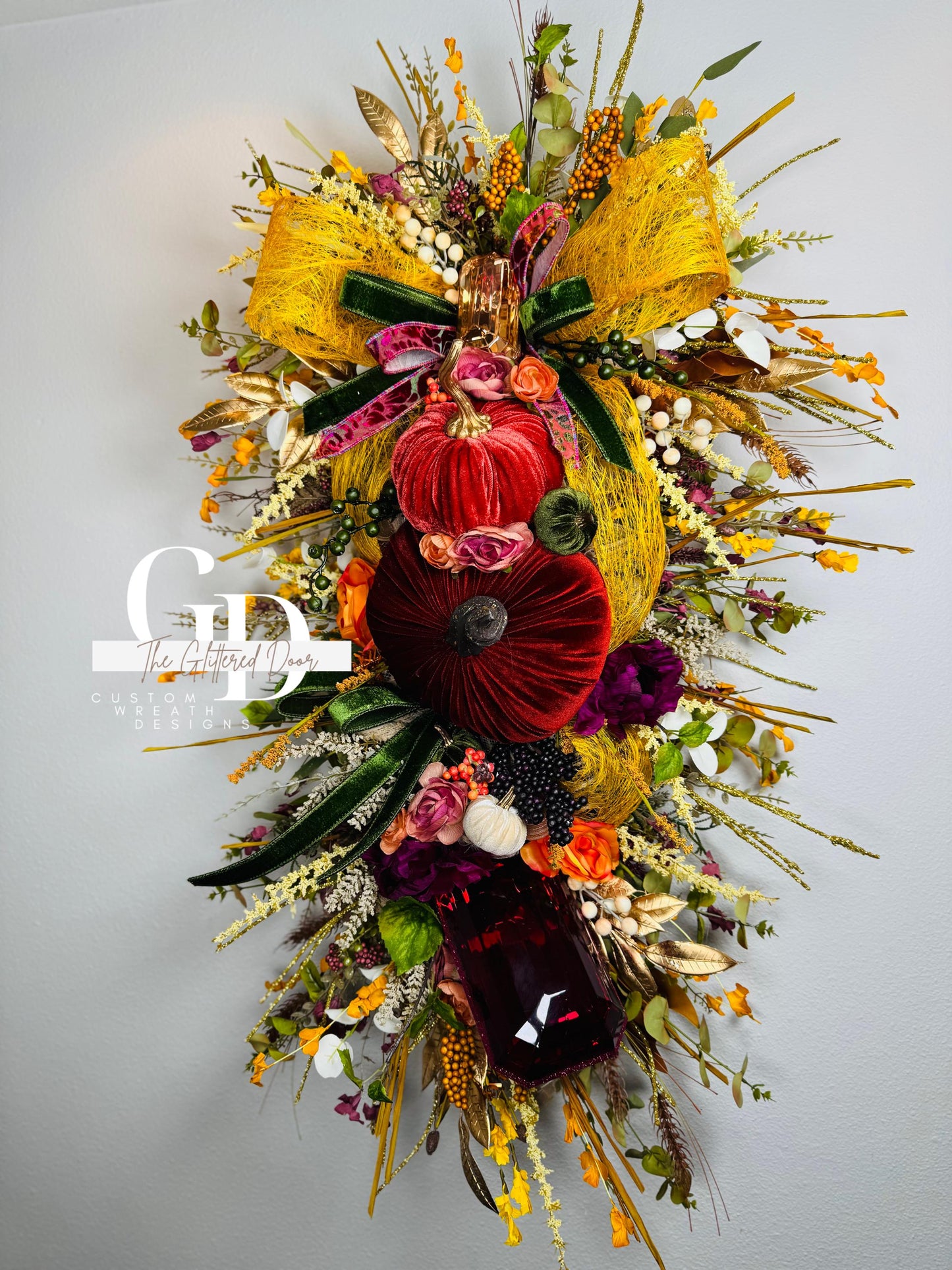 Fall Swag Wreath Pumpkin Wreath Mustard & Burgundy Fall Front door XL wreath Thanksgiving wreath Autumn decor Elegant wreath w/gem ornament