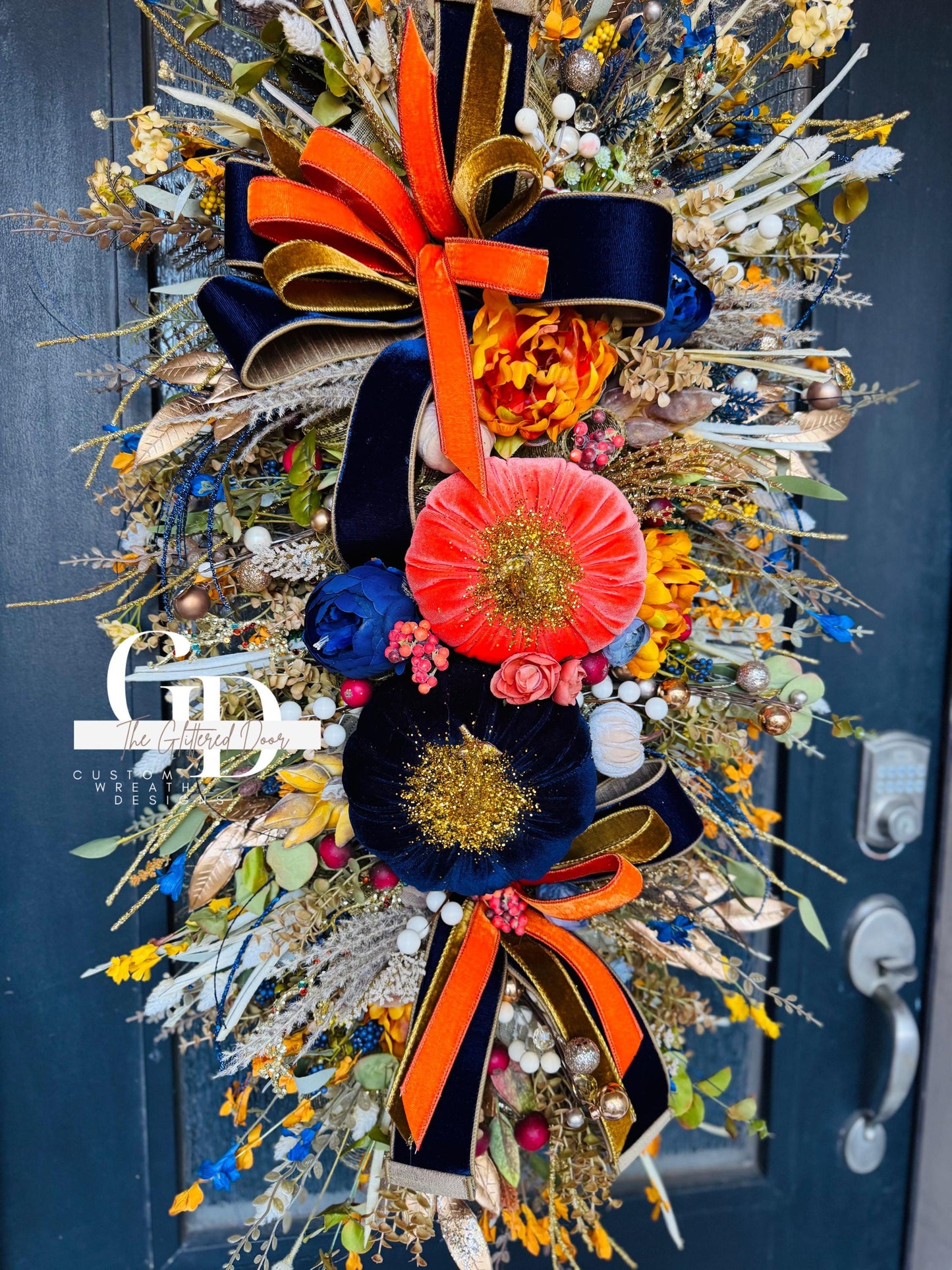 Fall Swag Wreath Pumpkin Wreath Orange & navy Fall Front door XL wreath Thanksgiving decor Autumn wreath elegant wreath for fall