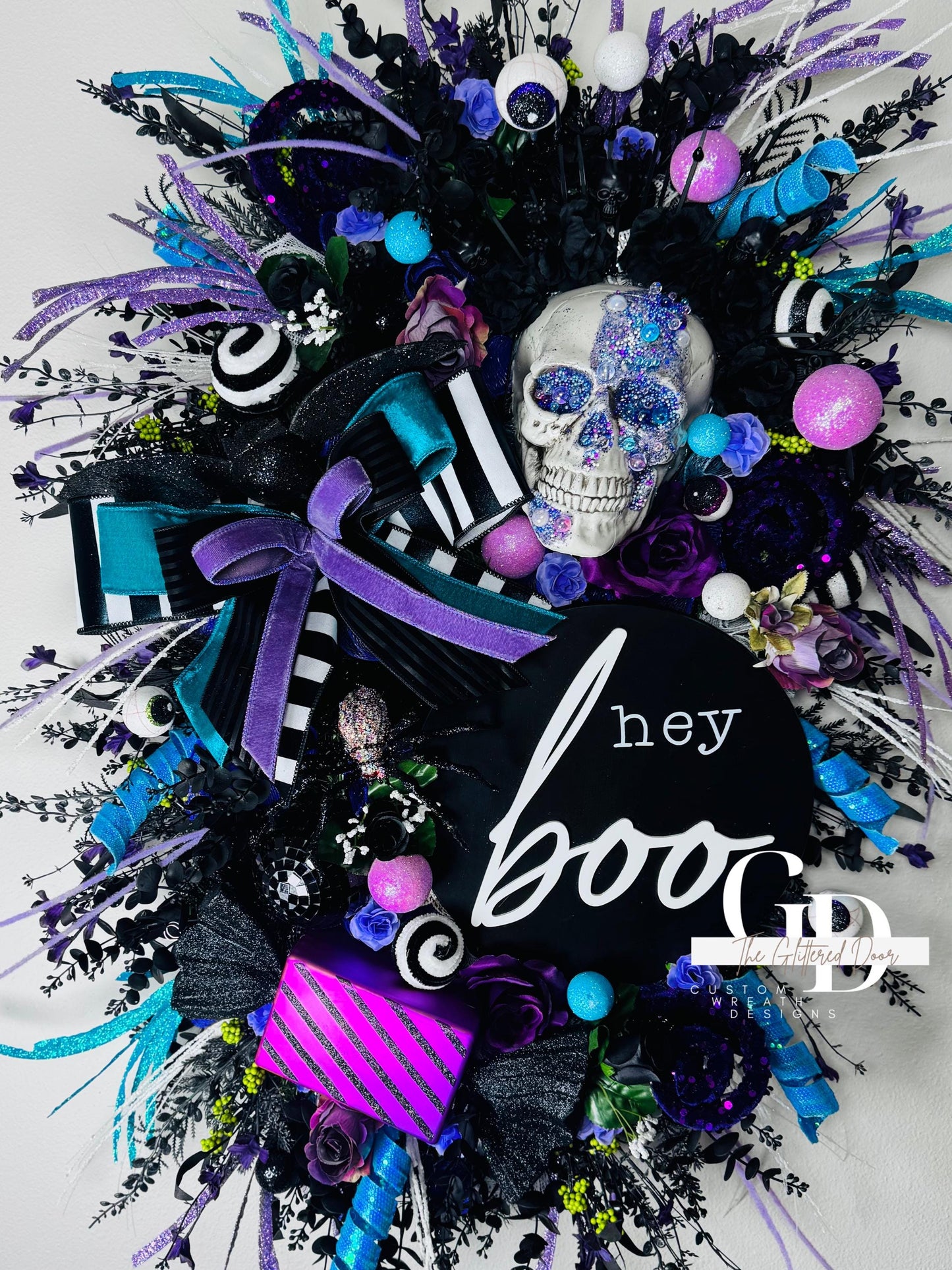 Oversized XL Halloween swag wreath Skeleton wreath Fall Front door Decor Halloween Decor front door wreath for fall Hey boo halloween sign