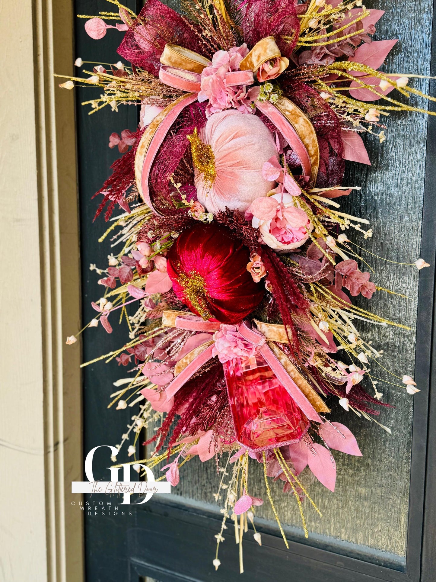 Front Door Pink Fall Wreath Pumpkin and Jewel Wreath Pink Fall Front door Decor Thanksgiving wreath Glam Elegant Pink and Burgandy wreath