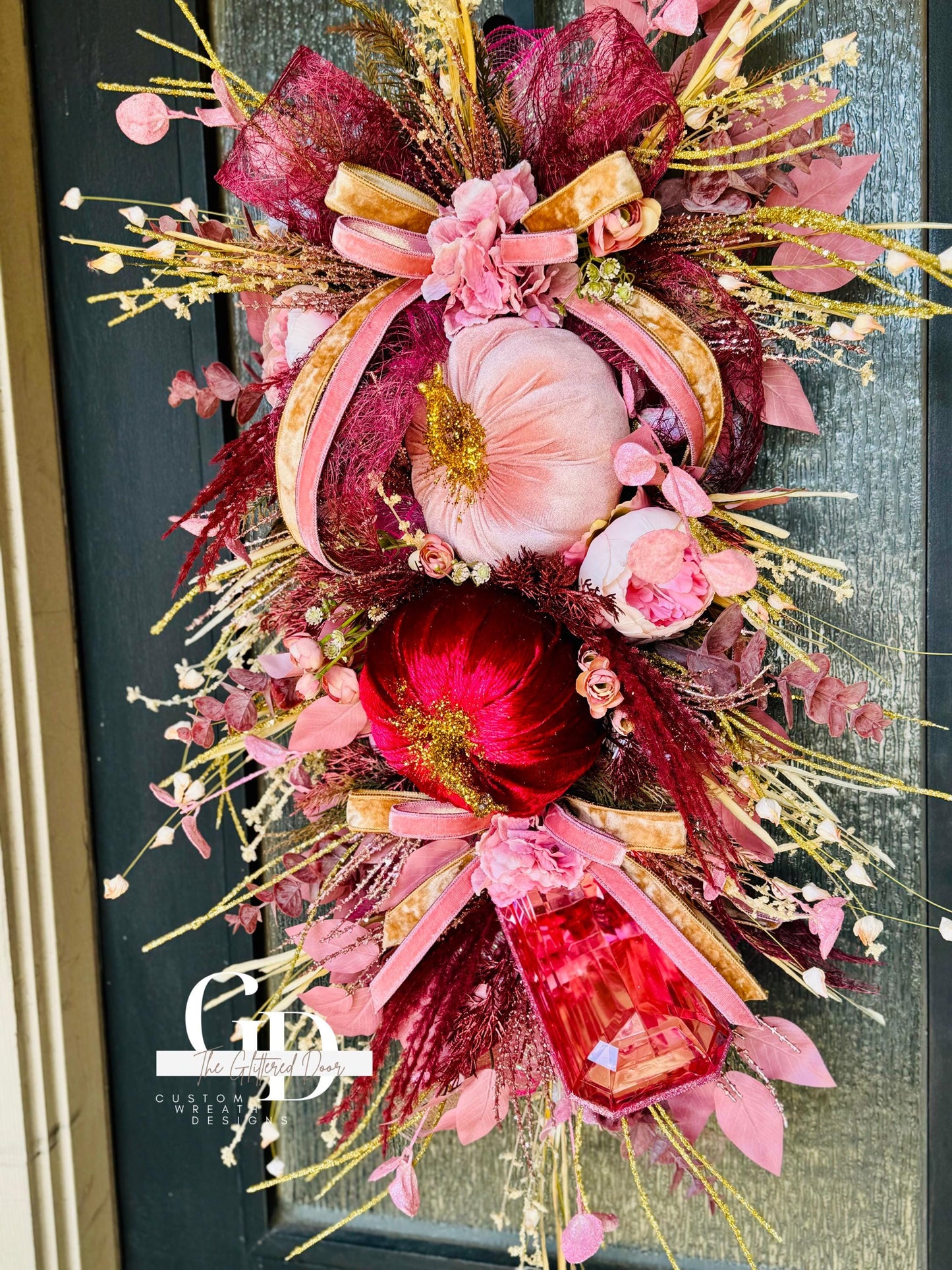 Front Door Pink Fall Wreath Pumpkin and Jewel Wreath Pink Fall Front door Decor Thanksgiving wreath Glam Elegant Pink and Burgandy wreath