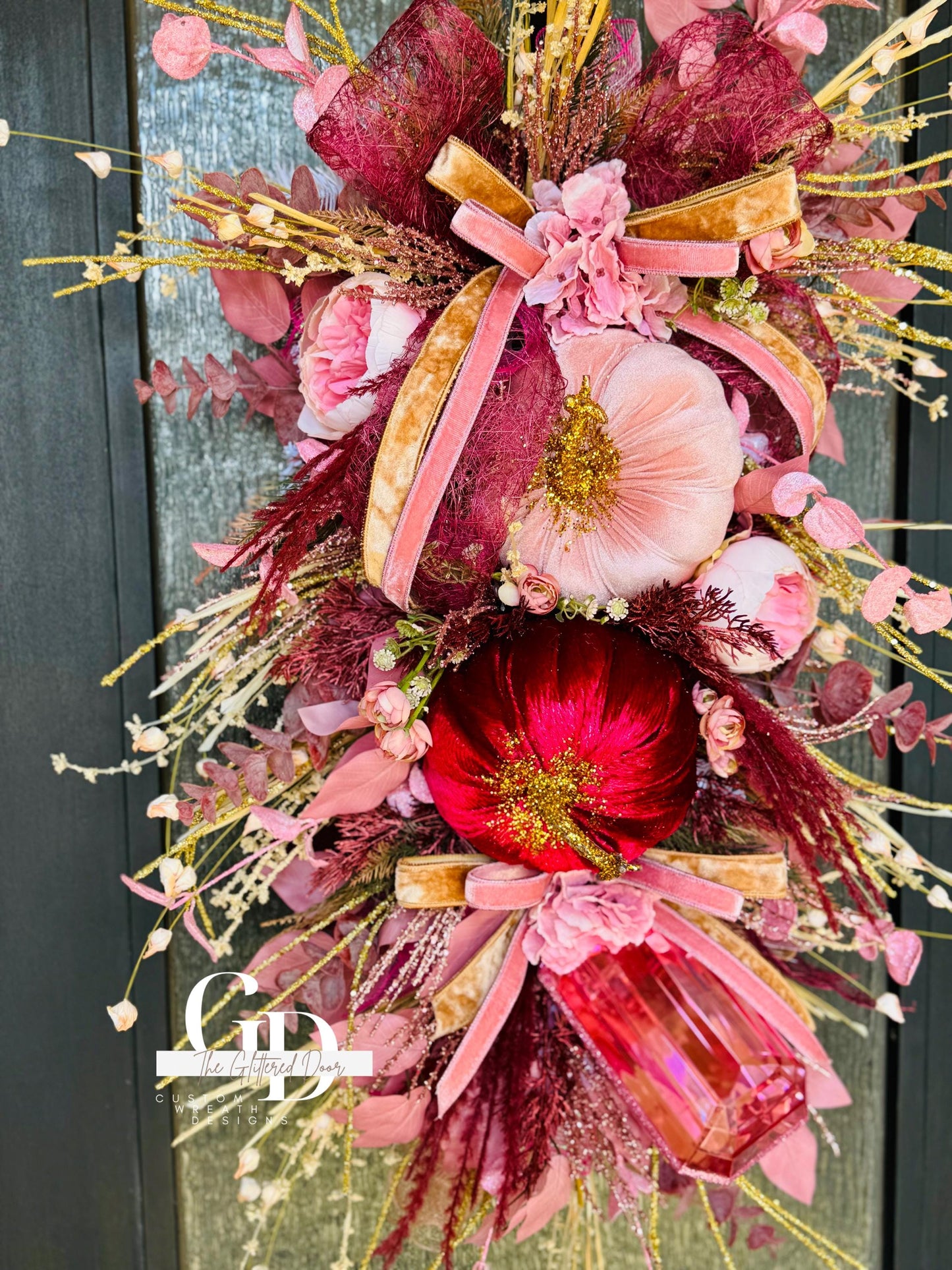 Front Door Pink Fall Wreath Pumpkin and Jewel Wreath Pink Fall Front door Decor Thanksgiving wreath Glam Elegant Pink and Burgandy wreath