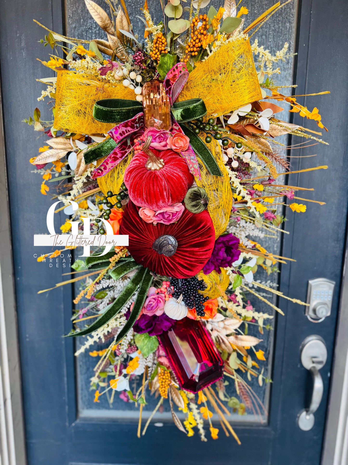 Fall Swag Wreath Pumpkin Wreath Mustard & Burgundy Fall Front door XL wreath Thanksgiving wreath Autumn decor Elegant wreath w/gem ornament