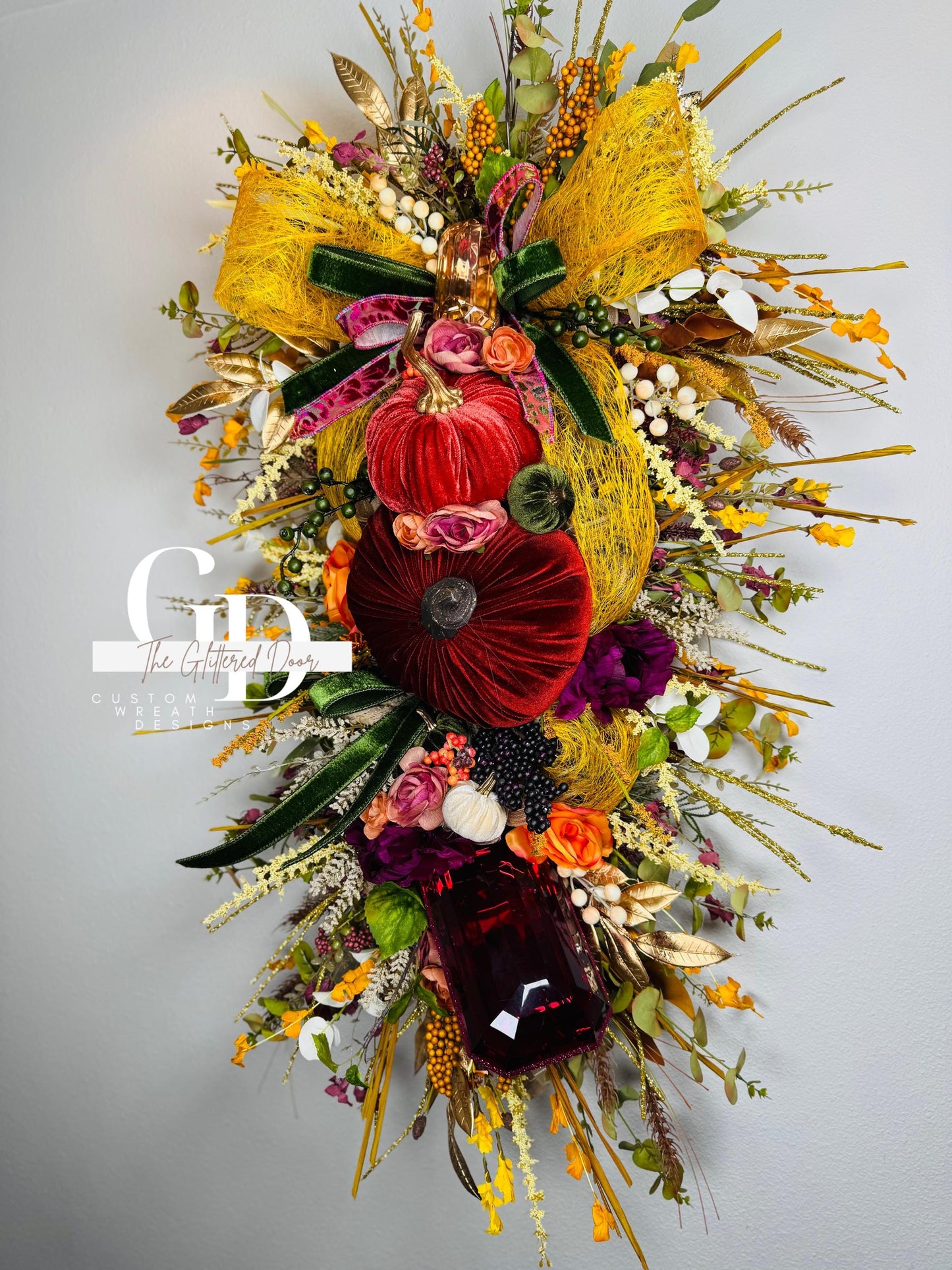 Fall Swag Wreath Pumpkin Wreath Mustard & Burgundy Fall Front door XL wreath Thanksgiving wreath Autumn decor Elegant wreath w/gem ornament
