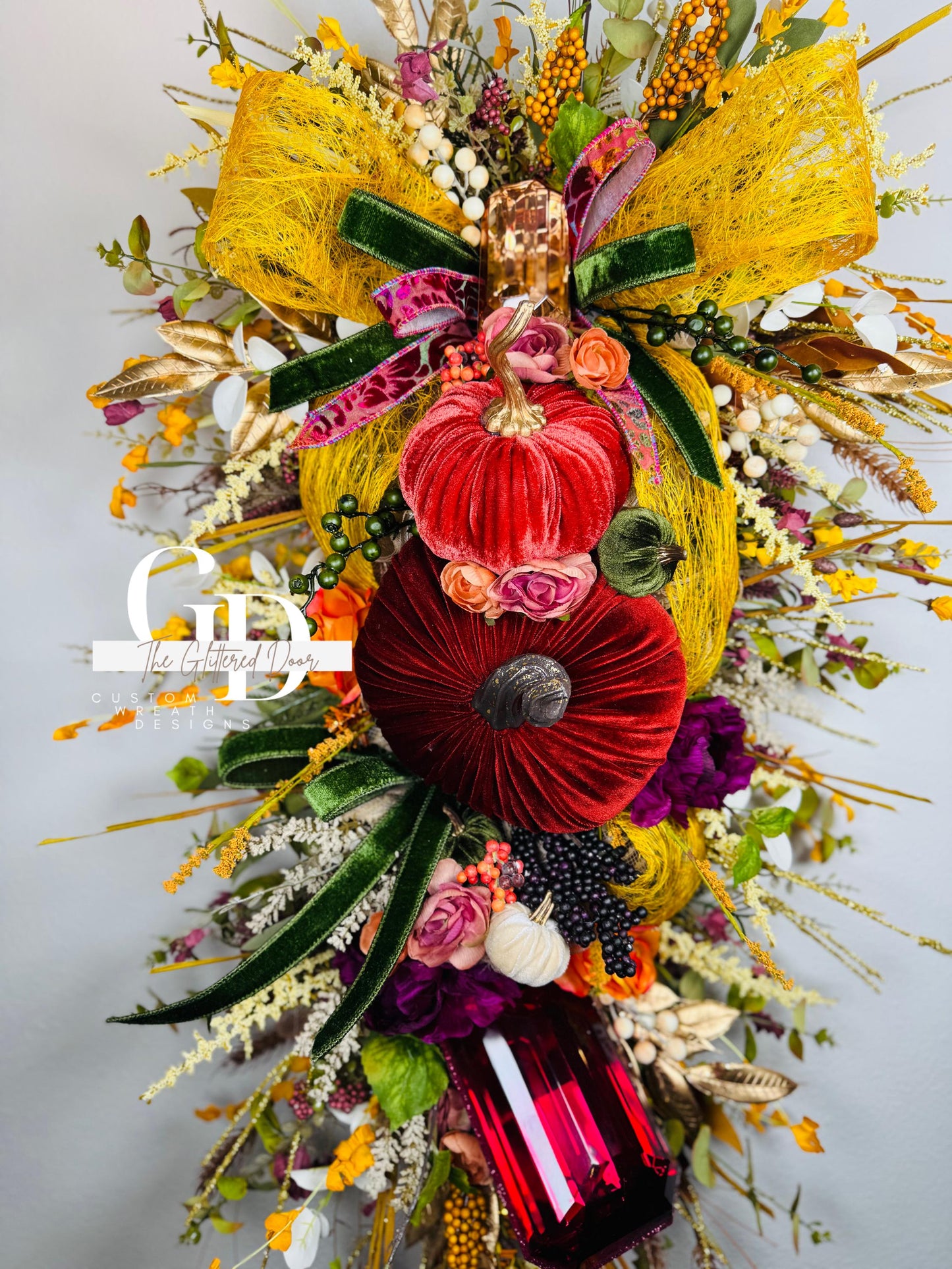 Fall Swag Wreath Pumpkin Wreath Mustard & Burgundy Fall Front door XL wreath Thanksgiving wreath Autumn decor Elegant wreath w/gem ornament