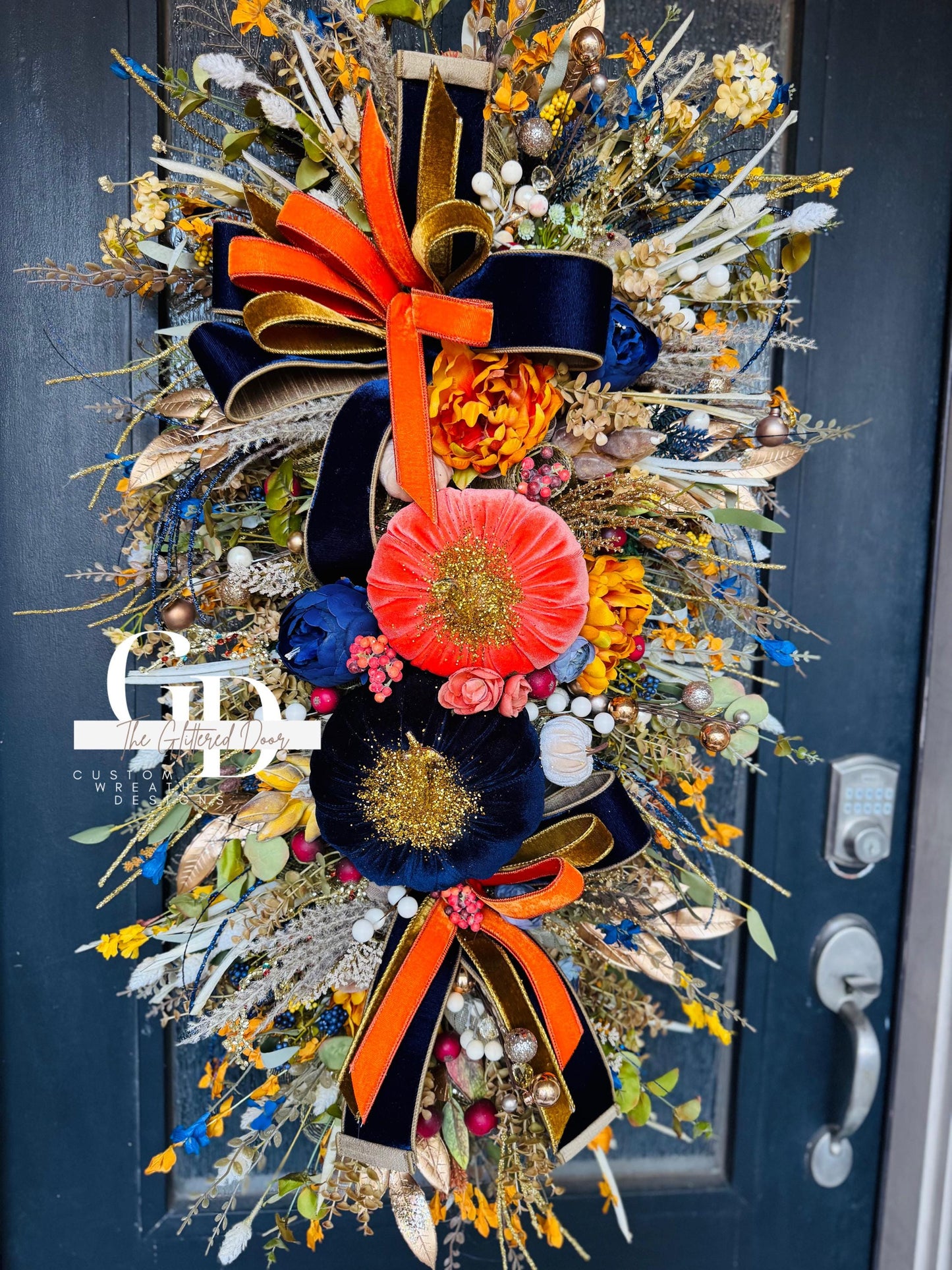 Fall Swag Wreath Pumpkin Wreath Orange & navy Fall Front door XL wreath Thanksgiving decor Autumn wreath elegant wreath for fall