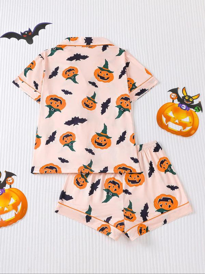 Women'S Ghost Print Shirt & Elastic Waist Shorts Pyjama, Casual Comfy Short Sleeve Top & Shorts Pj Set, Ladies Sleepwear for All Seasons, Loungewear