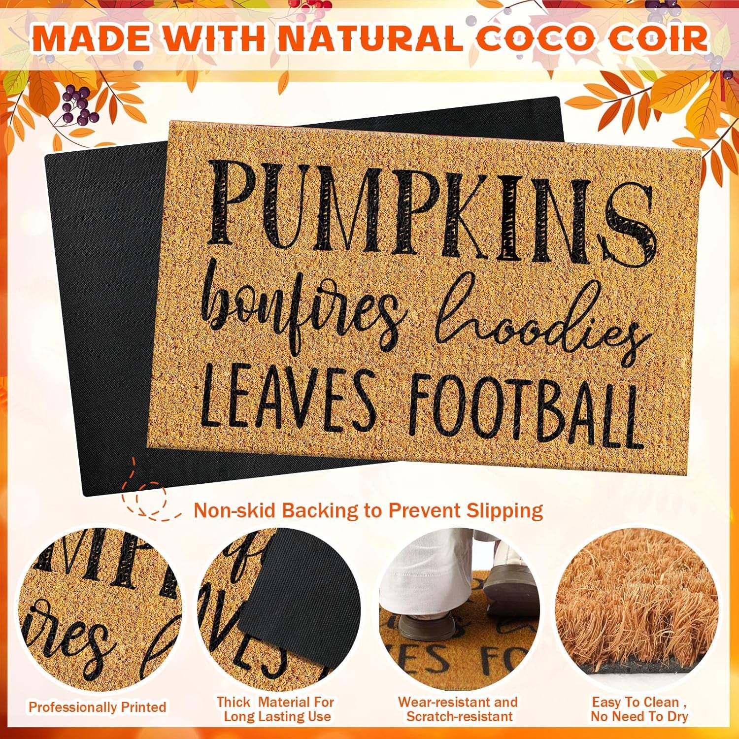 Ceenna Fall Coir Doormat Football Pumpkin Style Coir Welcome Mats Autumn Non Slip Floor Mats Thanksgiving Indoor Entrance Door Mat Porch Front Decor, 16 X 28 Inch(Pumpkin Bonfire)