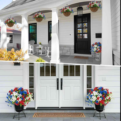 Hananona 2 Set Artificial Outdoor Flowers Hanging Basket with 24 Pcs Patriotic Flowers for Summer Front Porch Patio 4th of July Decor (2, Red, White, Blue)