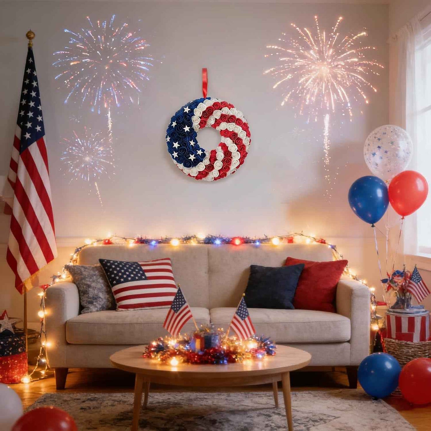 Idyllic 20 Inch Patriotic Wreath for Front Door, PE Roses with Metal Stars - Perfect for Home Decoration & Memorial Day, 4th of July Celebrations