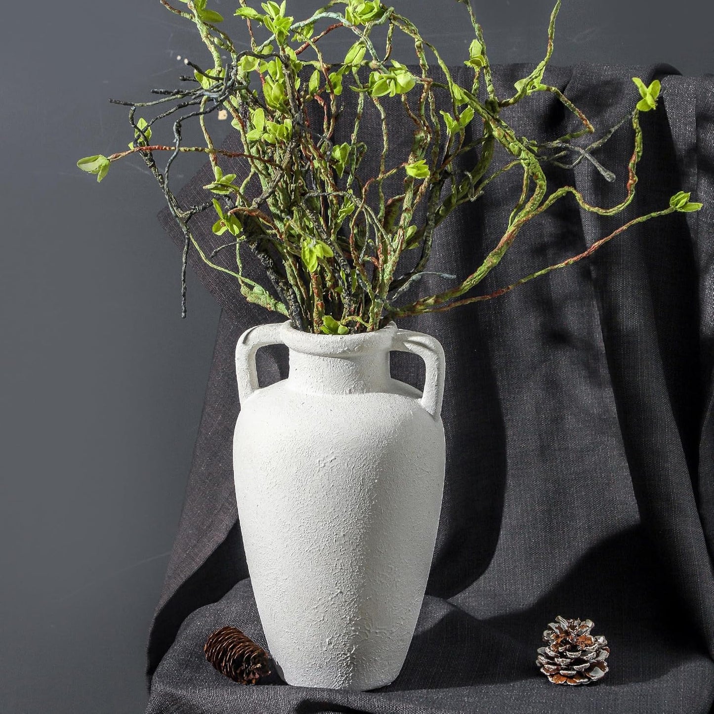 Large Ceramic Vase - 11.41 Inch Tall Rustic Vase with 2 Handles, Decorative Flower Vases for Home Decor, Living Room Shelf Decor, Table Office