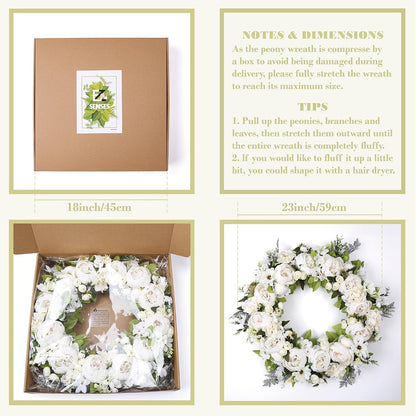 Peony Wreath 23'' Spring Wreaths for Front Door, Artificial Large Floral Wreath for Front Door Wall Decor, Valentine’S Day Home Wedding Housewarming Gift Ezsenses (White)