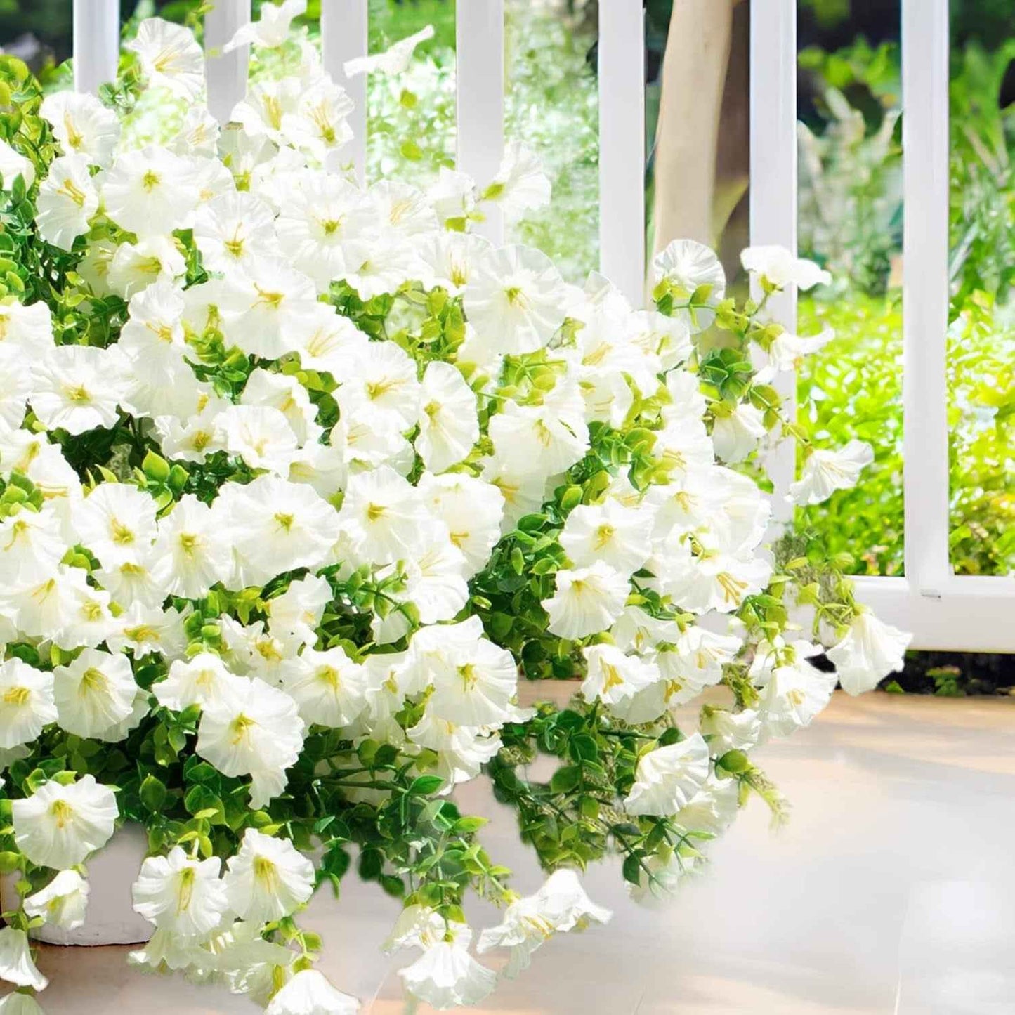 Artificial Fake Flowers for Outdoor outside Decoration,16 Bundles UV Resistant Faux Plastic White Flowers with Green Eucalyptus Stem Plants Bulk Look Real for Home Porch Yard Patio Planters (White)
