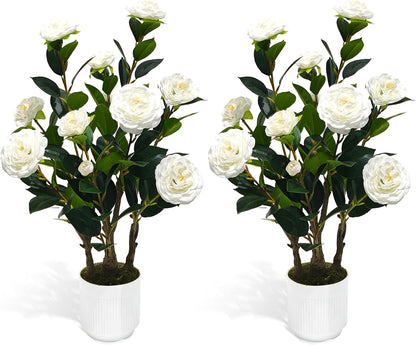 Artificial Camellia Tree, 3FT Yellow Fake Tree Blooming Camellia Flower Plant for Spring Home Front Door Outdoor Indoor Decoration