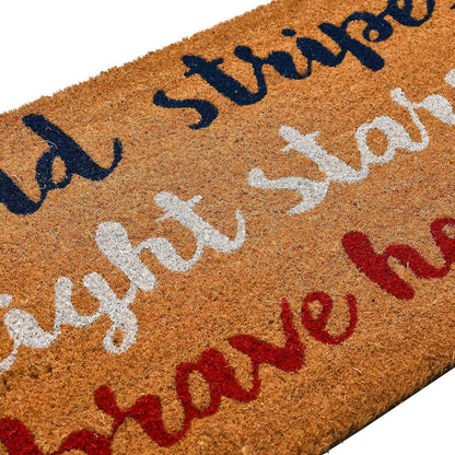 Patriotic Coir Entry Doormat with Bold Stripes, Bright Stars, Brave Hearts - Non-Slip Americana Summer Entry Mat for July 4th or Memorial Day