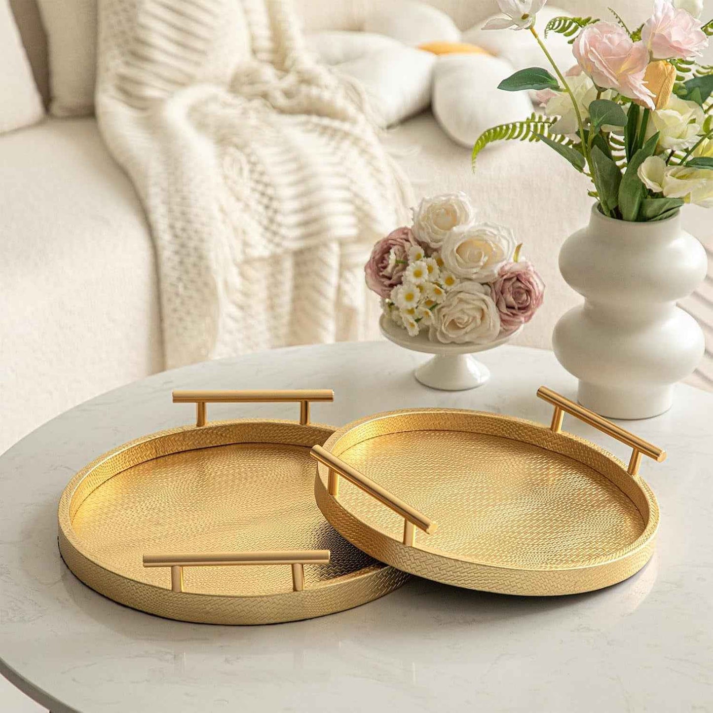 2 Piece Golden round Serving Tray with Handles, Woven-Texture Faux Leather Ottoman Tray for Living Room, Decorative Tray for Coffee Table Home Decor