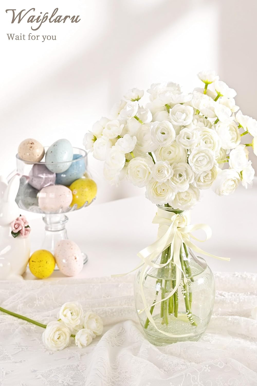 Waipfaru Ranunculus Artificial Flowers, 18Pcs 14In Fake Peonies Artificial Flowers, White Faux Flower for Vase Silk Flower Real Touch Faux Peony Bulk for DIY Wedding Bouquet Home Bridal Shower Decor