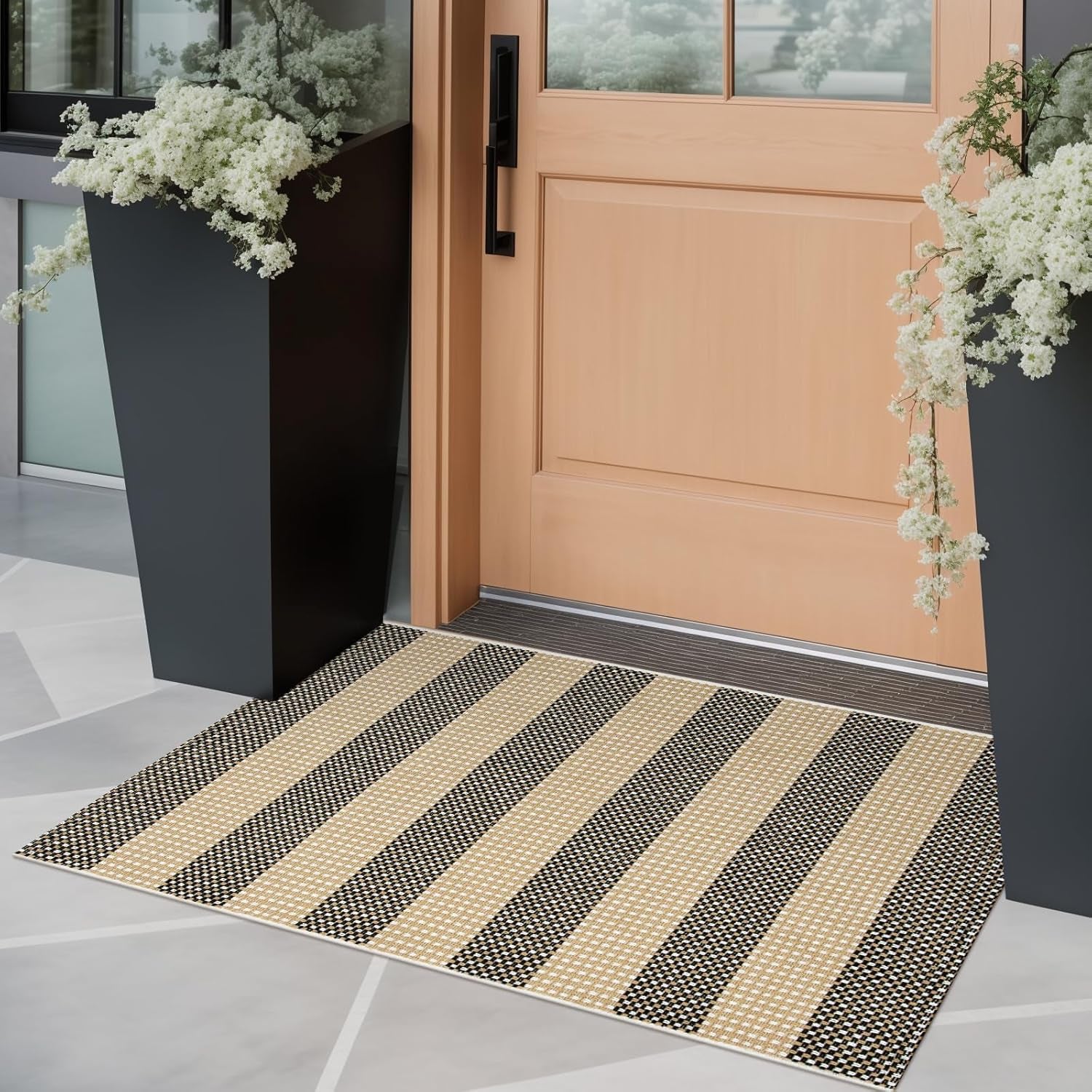 Washable Outdoor Rug 3'X5', Blue/White/Tan Outdoor Area Rug Entryway Rugs Indoor Door Mat Front Porch Rug Cotton Small Checkered Rug Floor Carpet for Entry/Patio/Bedroom/Living Room
