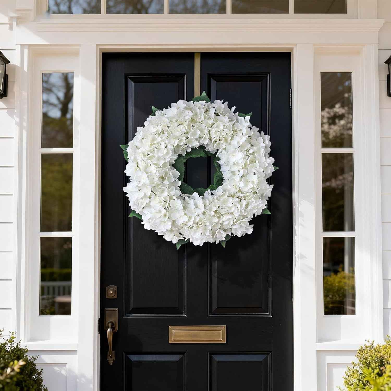 Artificial Hydrangea Wreath for Front Door, 21" Spring Summer White Flower Wreath, Fuax Hydrangeas Leaves for Home Mantel Wall Farmhouse Decor