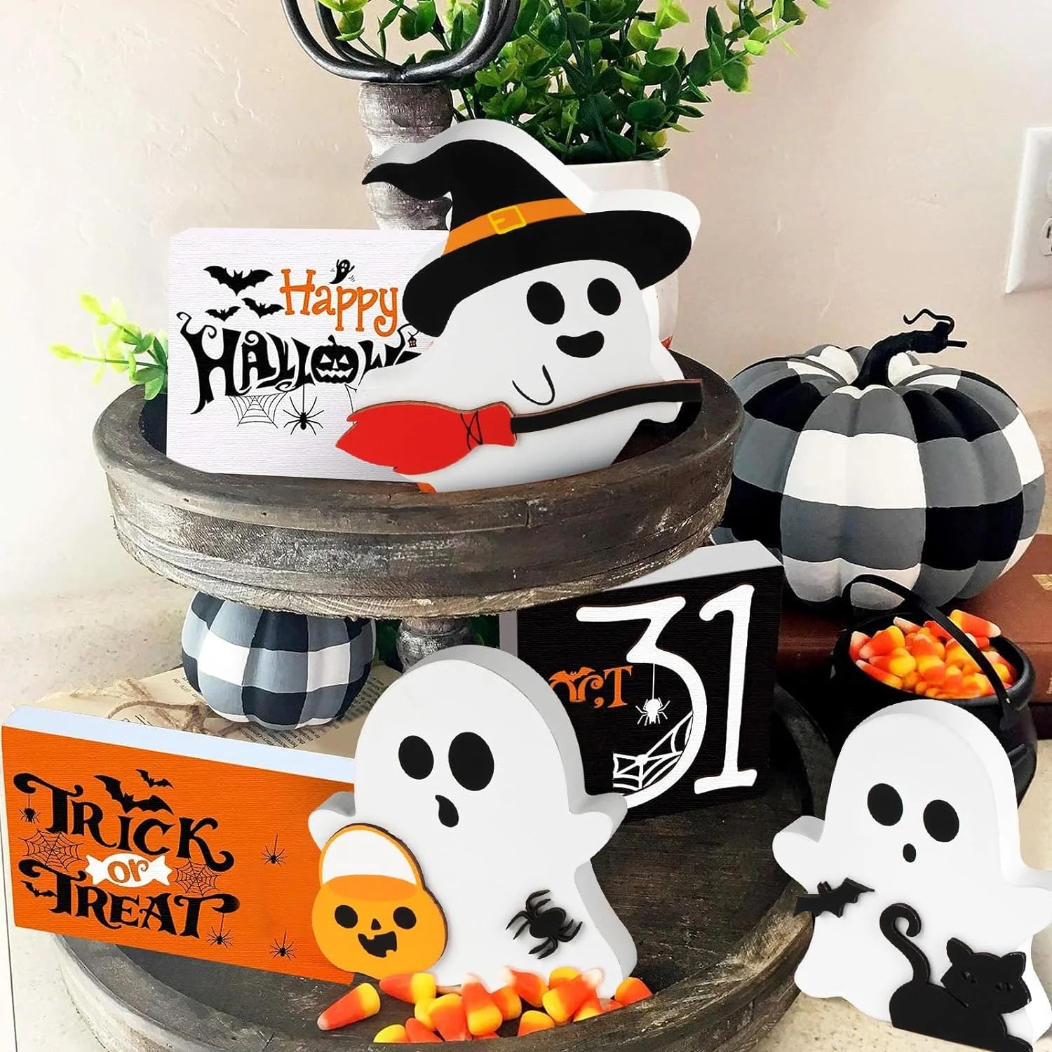 Halloween Tier Tray Decorations Cute Ghost Halloween Tabletop Decor Table Wooden Signs Table Centerpieces Rustic Farmhouse Indoor Decorations for Halloween Fall Party Home Kitchen