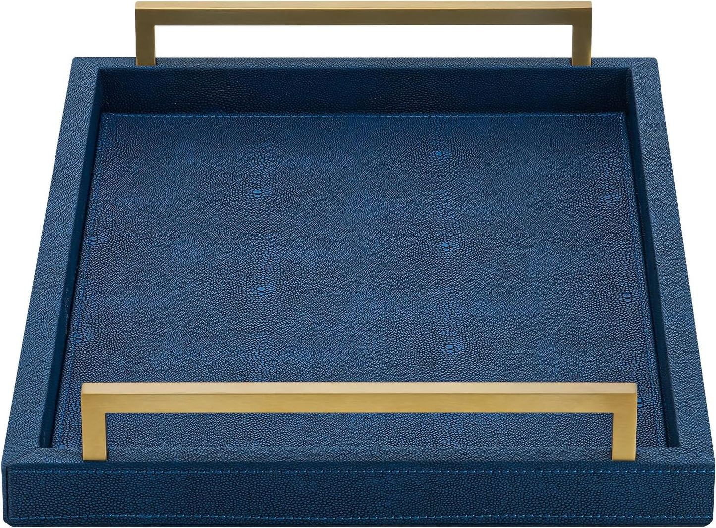 Ivory Shagreen Decorative Tray Large Rectangle Coffee Table Tray for Ottoman Faux Leather Serving Tray with Brushed Gold Handles