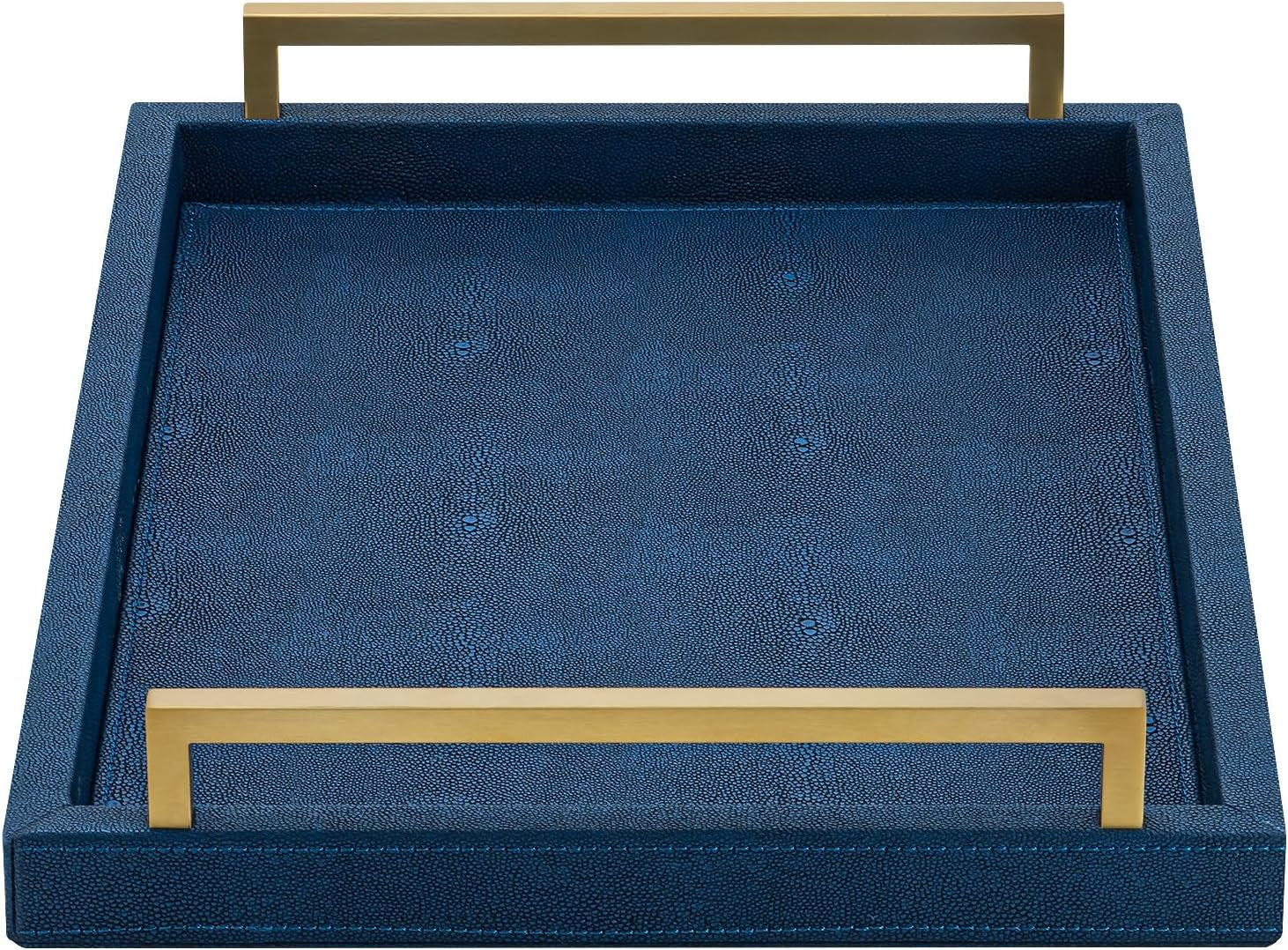 Ivory Shagreen Decorative Tray Large Rectangle Coffee Table Tray for Ottoman Faux Leather Serving Tray with Brushed Gold Handles