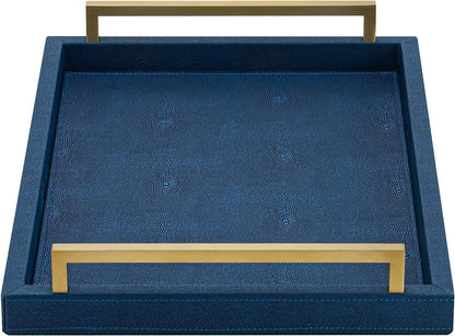 Ivory Shagreen Decorative Tray Large Rectangle Coffee Table Tray for Ottoman Faux Leather Serving Tray with Brushed Gold Handles