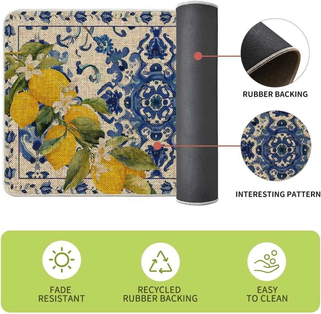 Blue Floral Lemons Spring Kitchen Mats Set of 2, Home Decor Low-Profile Kitchen Rugs for Floor - 17X29 and 17X47 Inch