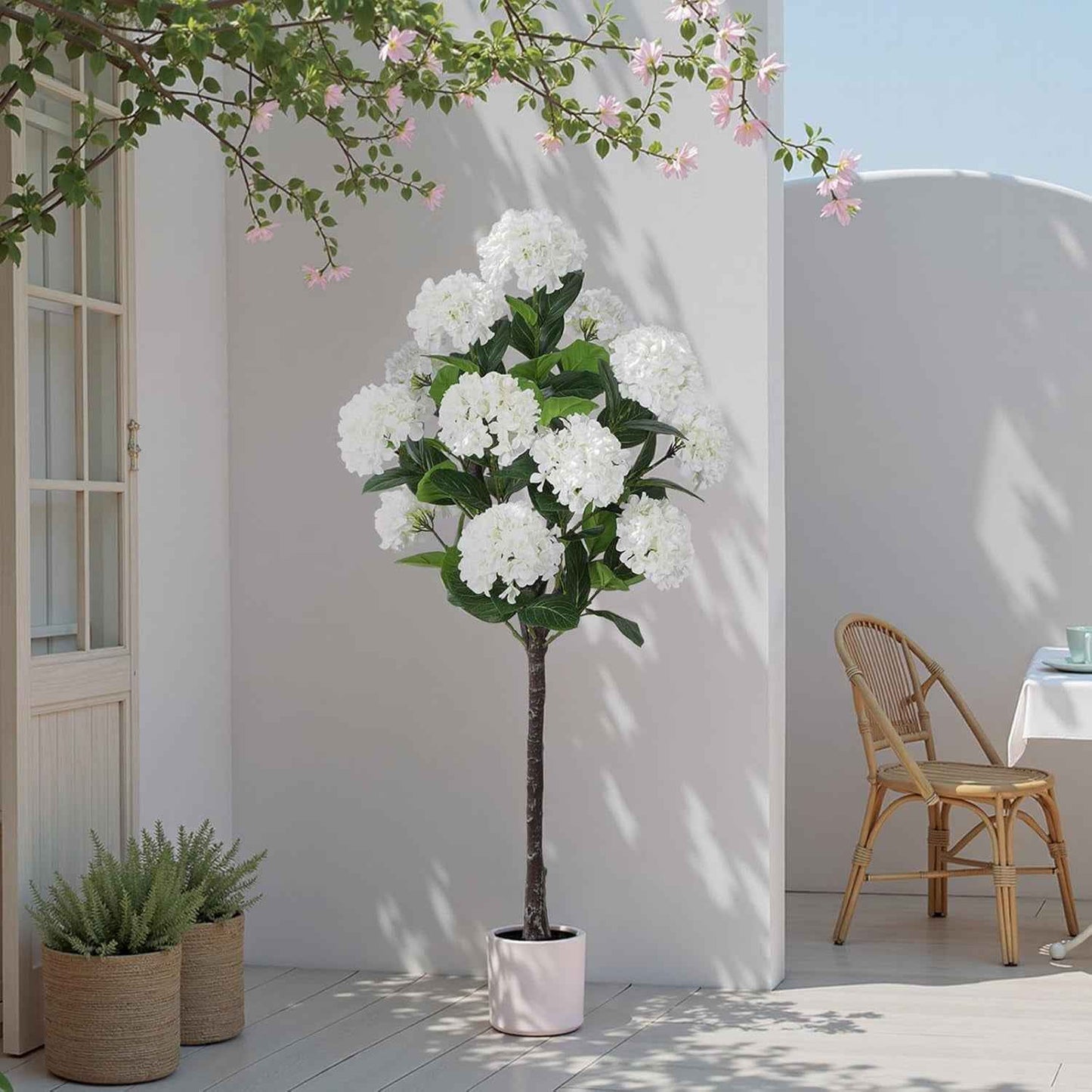 5 FT Artificial Hydrangea Tree- Large Faux Hydrangea Plants Indoor Outdoor，Fake Flower Trees with White Tall Planter for Home Garden,Front Decor